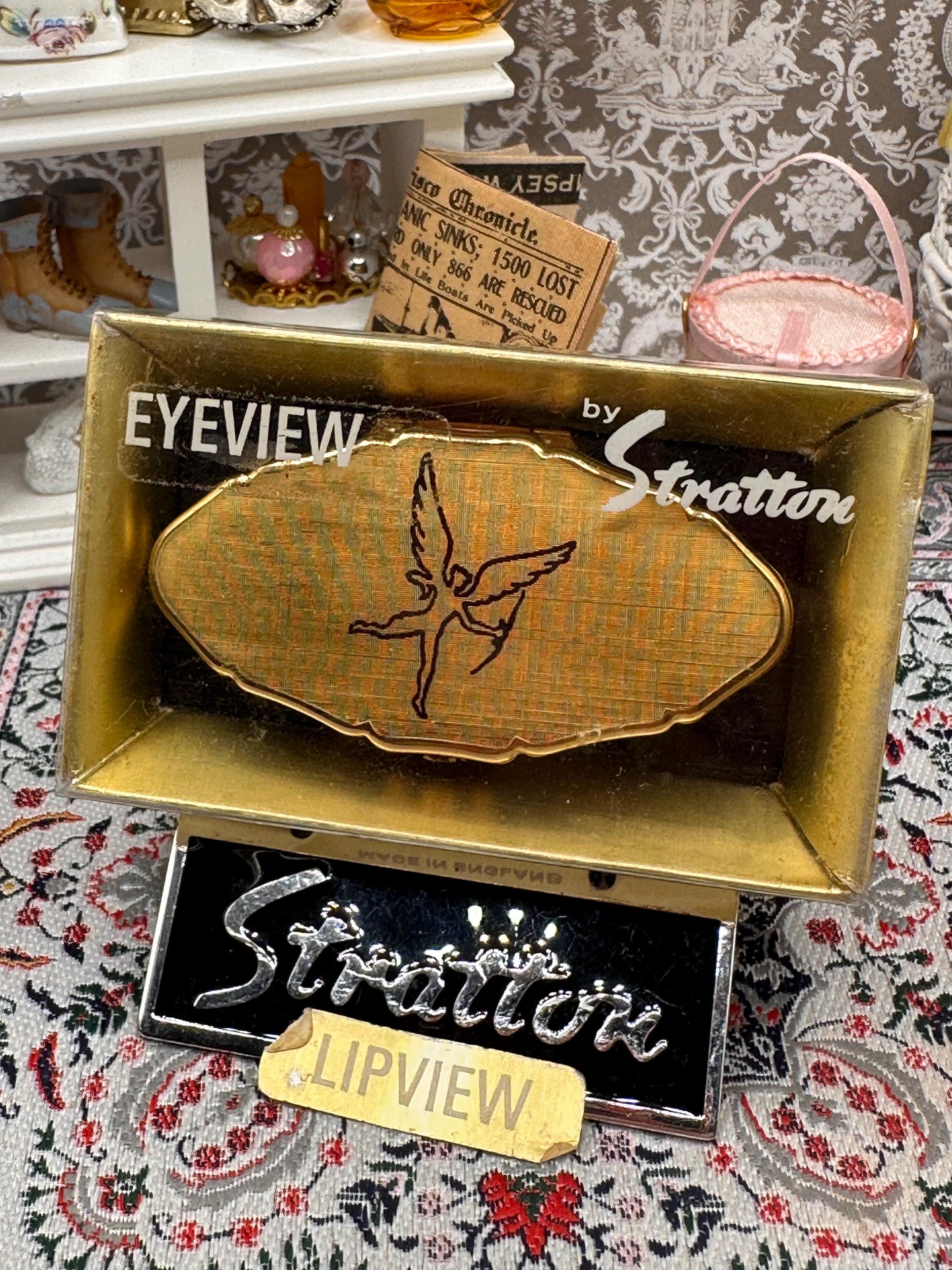 Vintage Stratton Lip View Lipstick Holder Cupid Motif Gold Tone Compact British Vanity Collectible