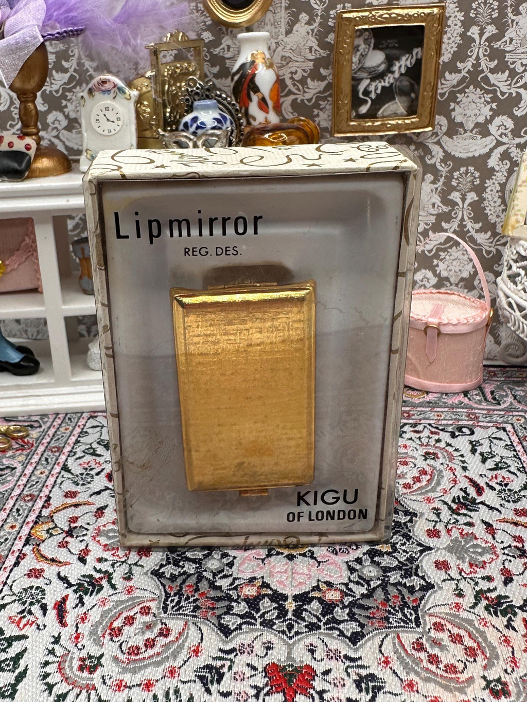 Glamorous Vintage Gold Tone Lipstick Holder in Original Box - Mid-Century Kigu Lipmirror