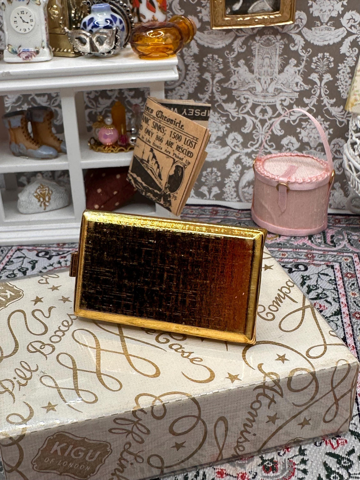 Glamorous Vintage Gold Tone Lipstick Holder in Original Box - Mid-Century Kigu Lipmirror