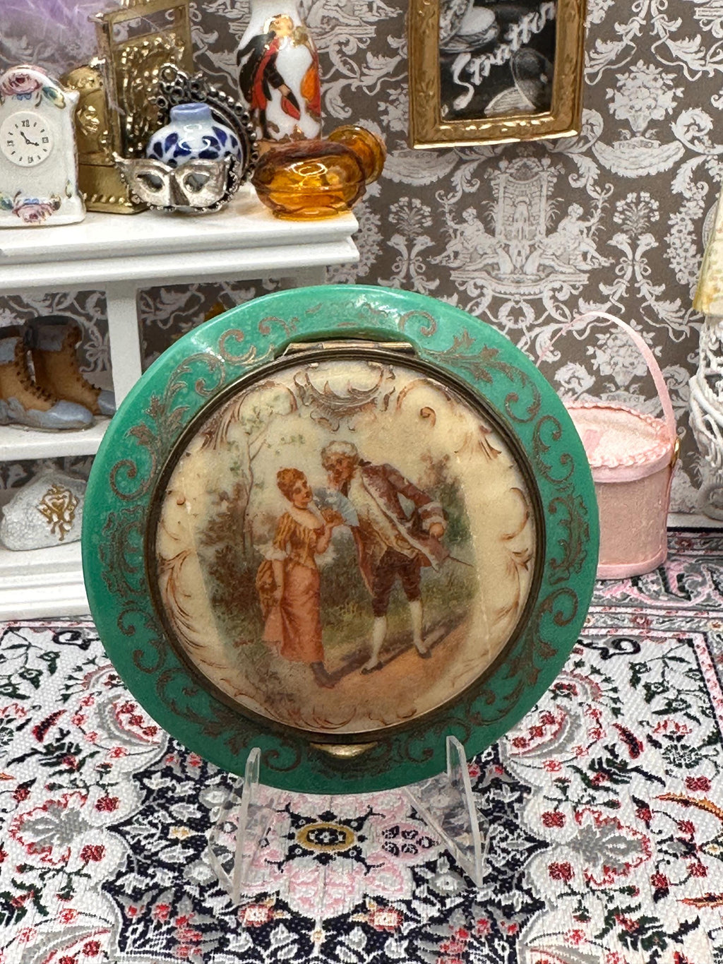 Vintage Green Celluloid Powder Compact: Romantic Courting Scene, Gold Scroll Detail