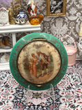 Vintage Green Celluloid Powder Compact: Romantic Courting Scene, Gold Scroll Detail