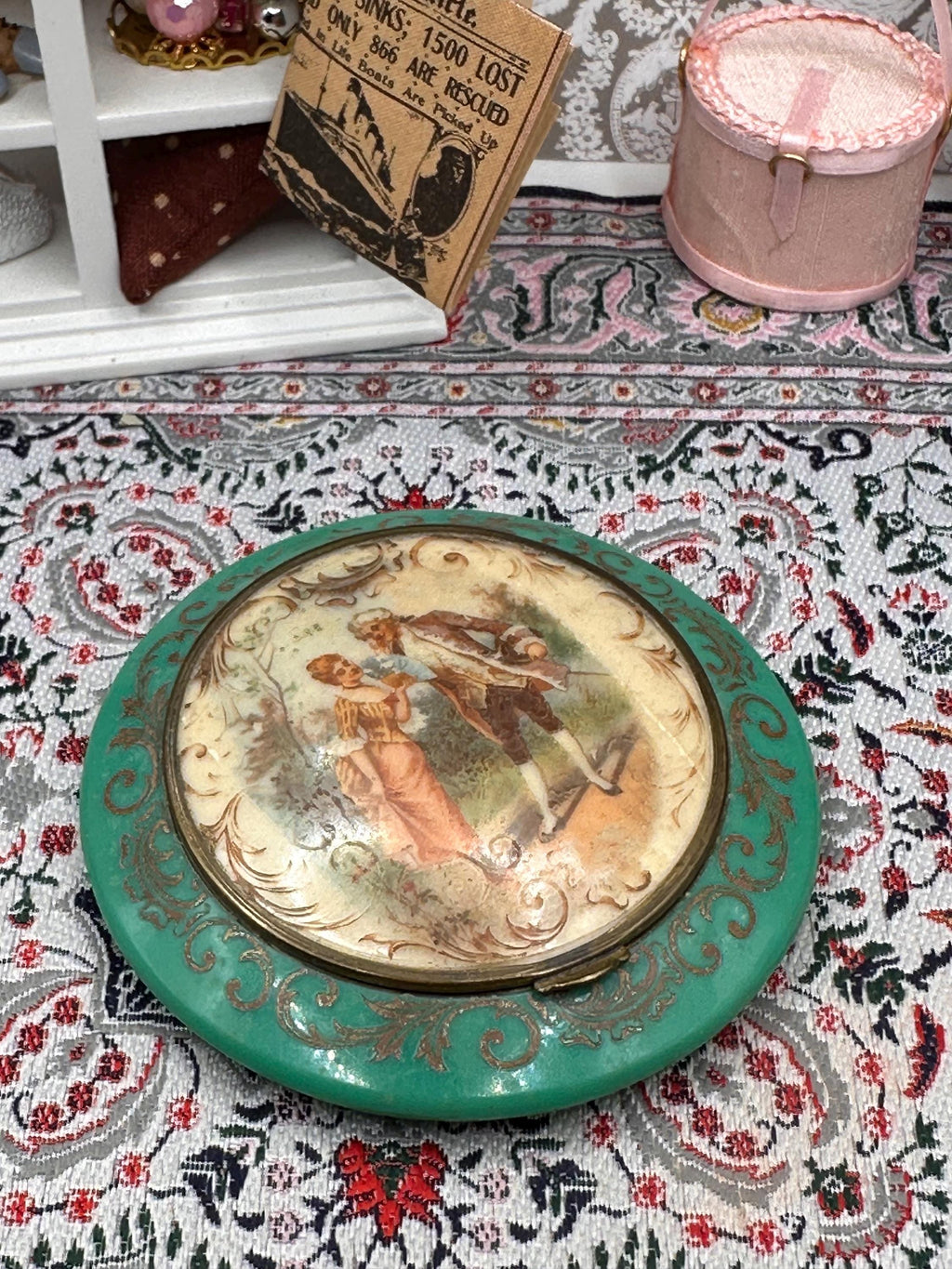 Vintage Green Celluloid Powder Compact: Romantic Courting Scene, Gold Scroll Detail
