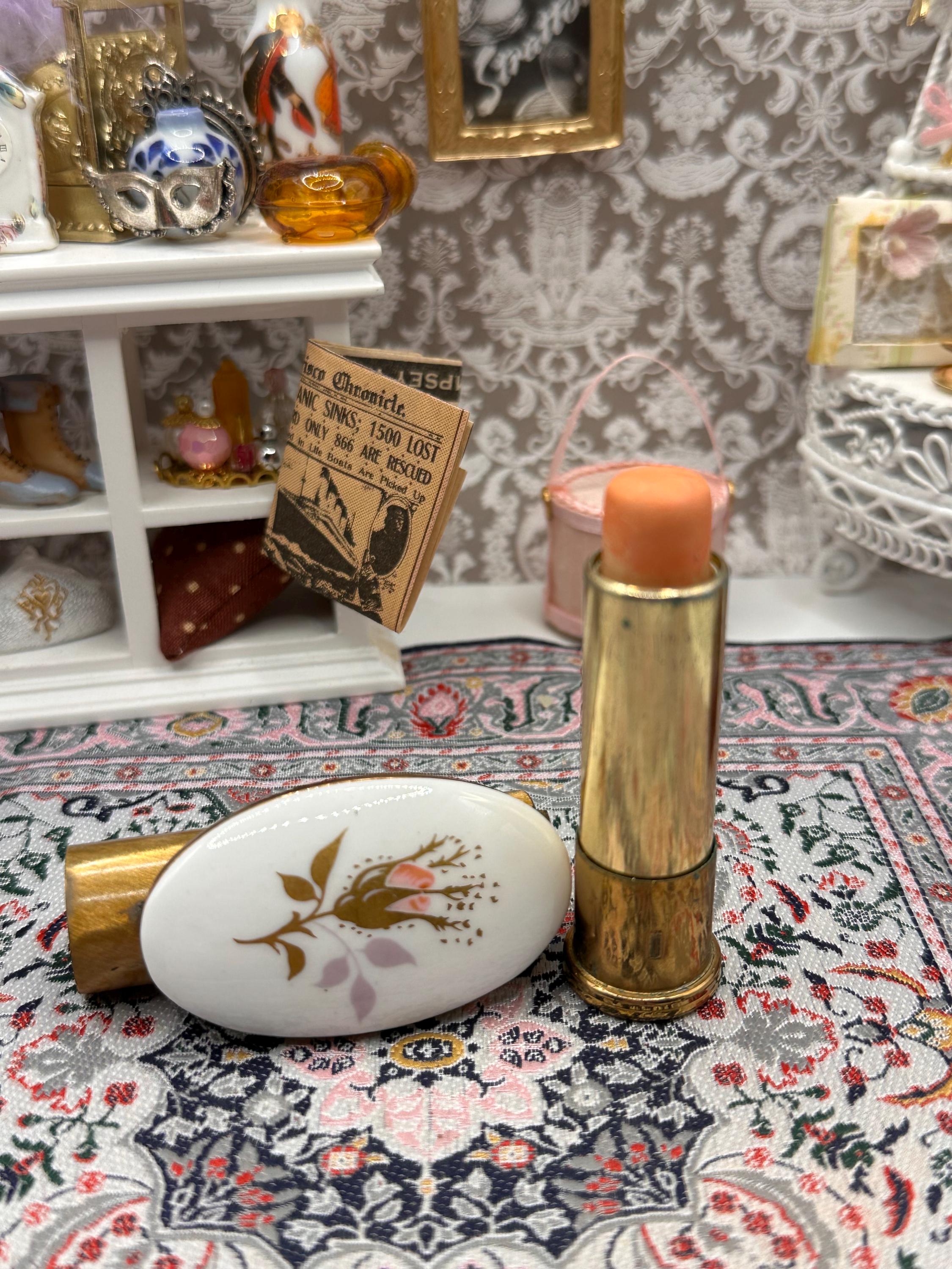 Vintage Kigu Lipview Compact Mirror: Gold Tone, Pink Floral Ceramic, England