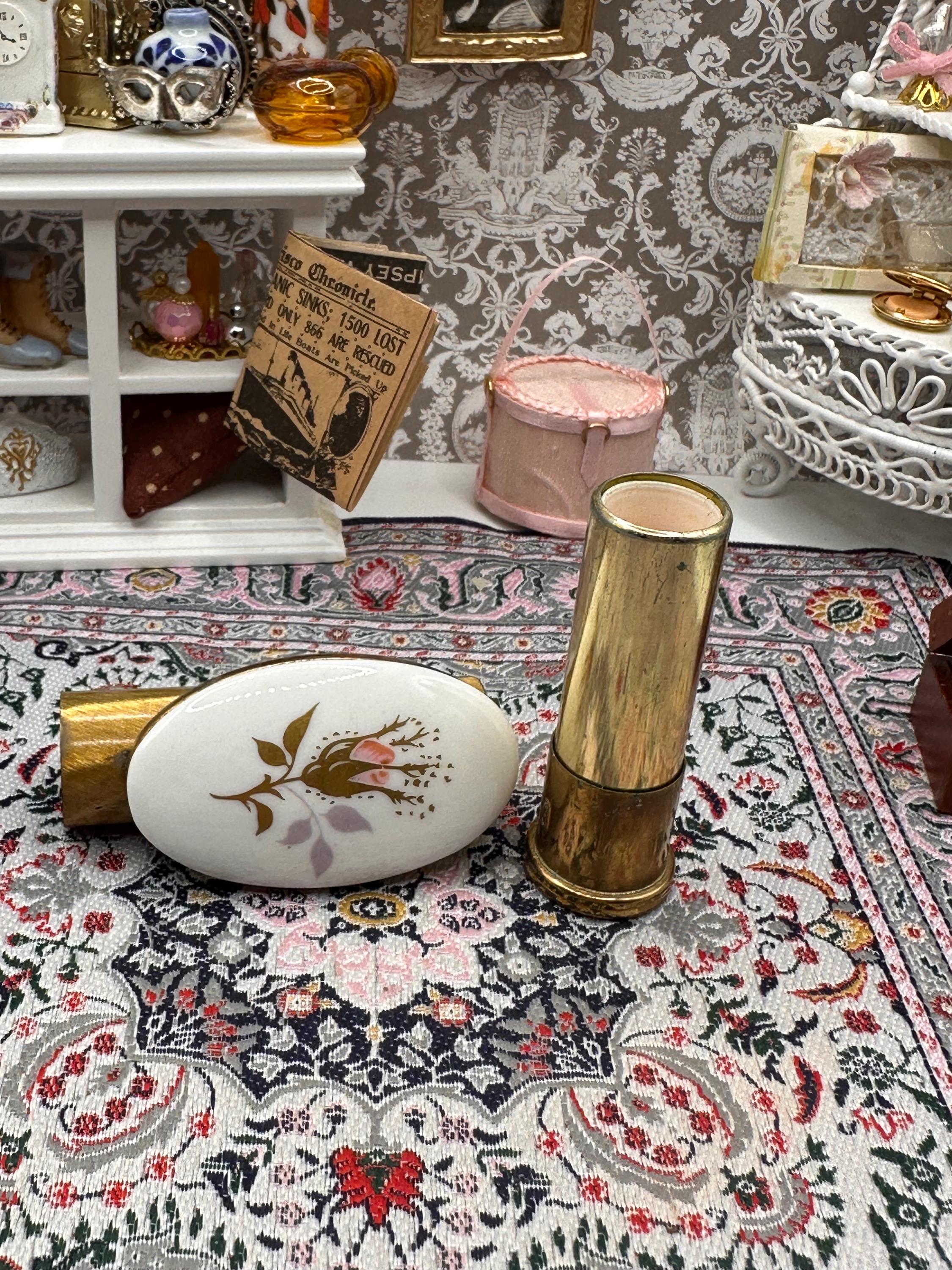 Vintage Kigu Lipview Compact Mirror: Gold Tone, Pink Floral Ceramic, England