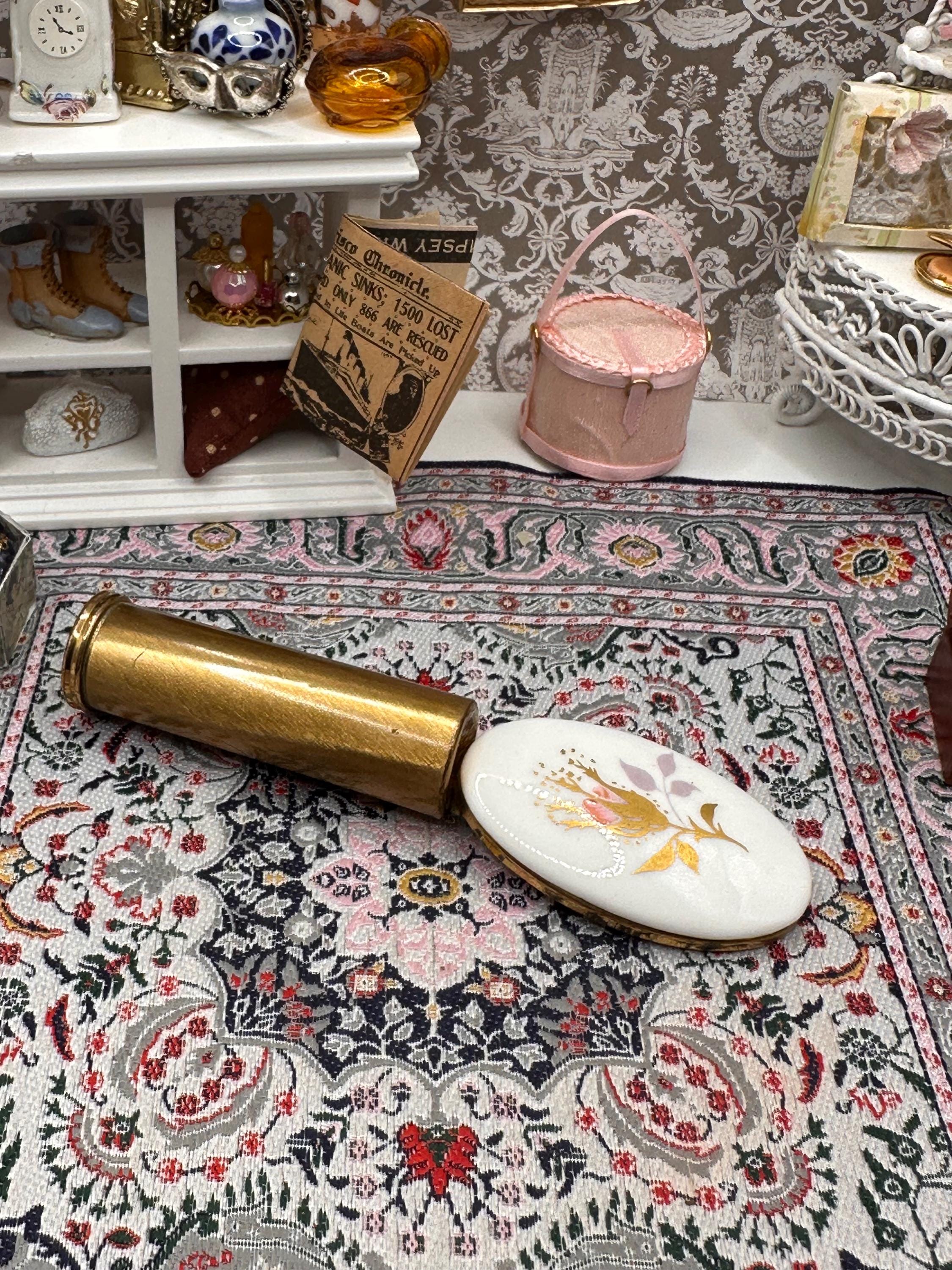 Vintage Kigu Lipview Compact Mirror: Gold Tone, Pink Floral Ceramic, England