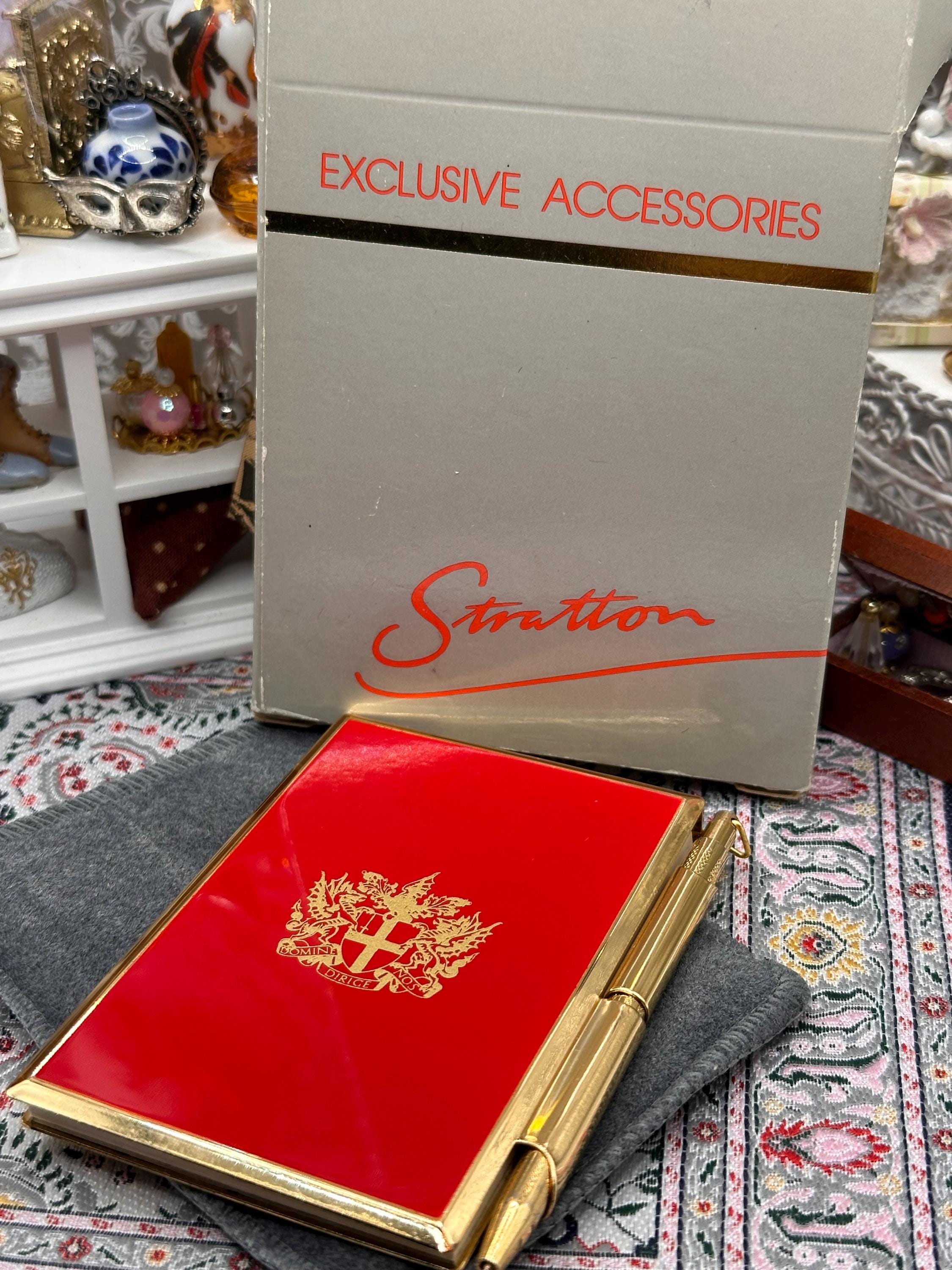 Vintage Stratton Notepad & Pen Set – Red Enamel Crest – Gold Tone