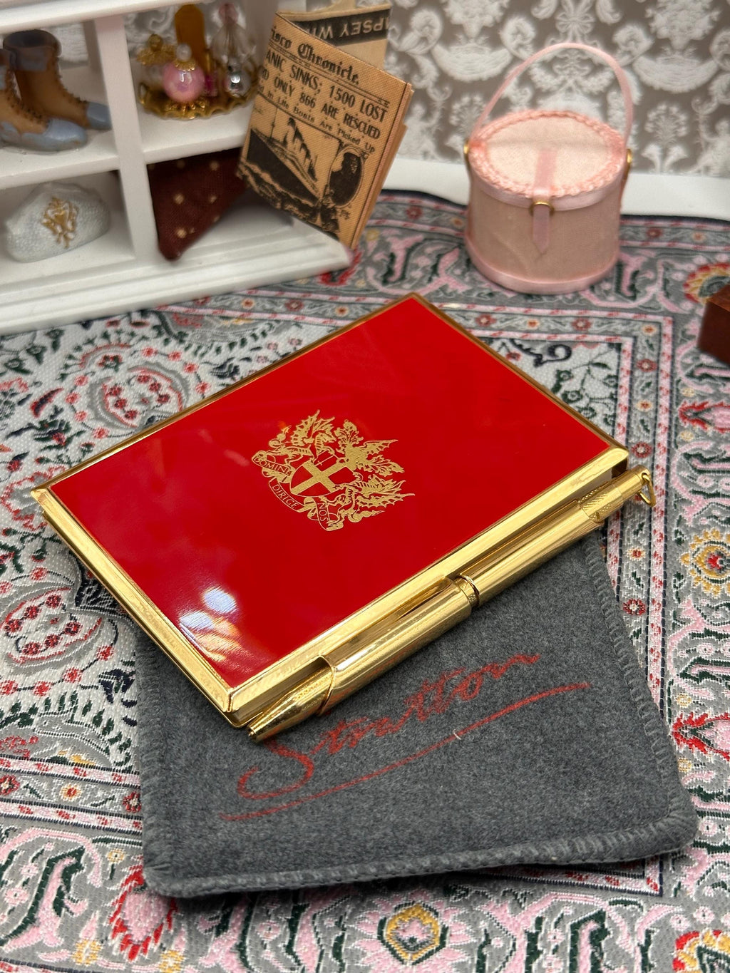 Vintage Stratton Notepad & Pen Set – Red Enamel Crest – Gold Tone