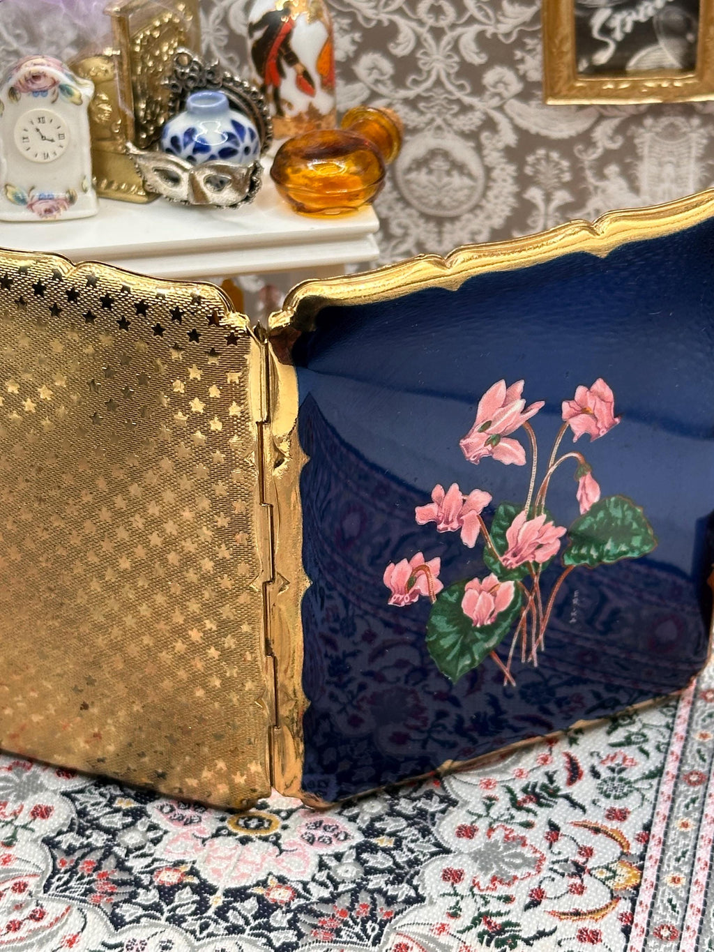 Vintage Stratton Erika Signed Enamel Cigarette Case, Cobalt Guilloché Cyclamen, 1950s–60s English Vanity