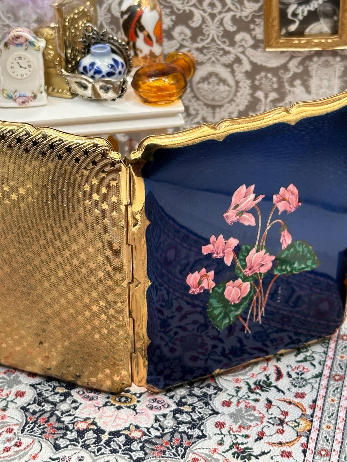 Vintage Stratton Erika Signed Enamel Cigarette Case, Cobalt Guilloché Cyclamen, 1950s–60s English Vanity