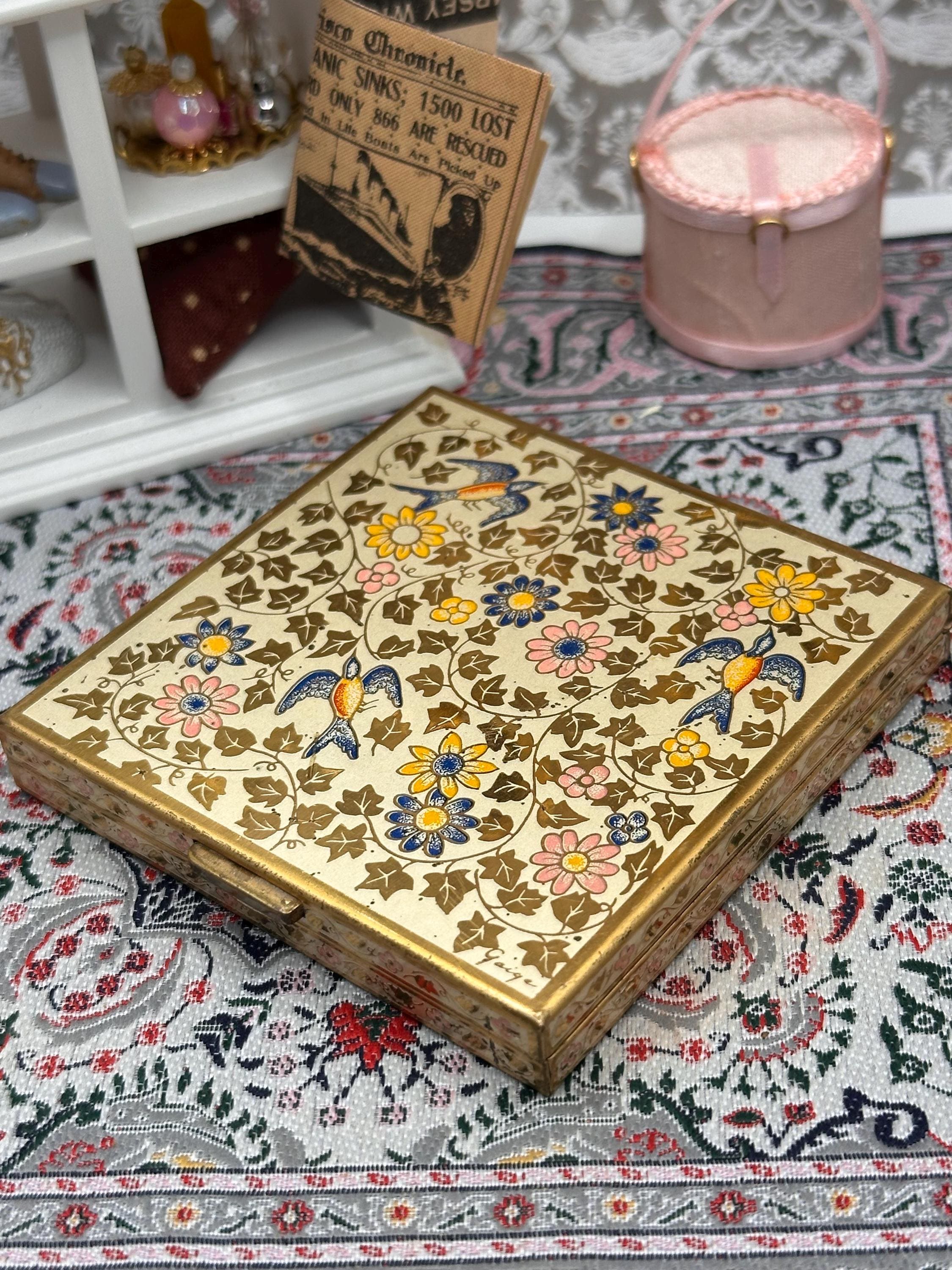 Vintage Volupte Enamel Powder Compact, Signed “Gaige”, All-Over Hand-Painted Swallow & Floral Design, 7.5cm