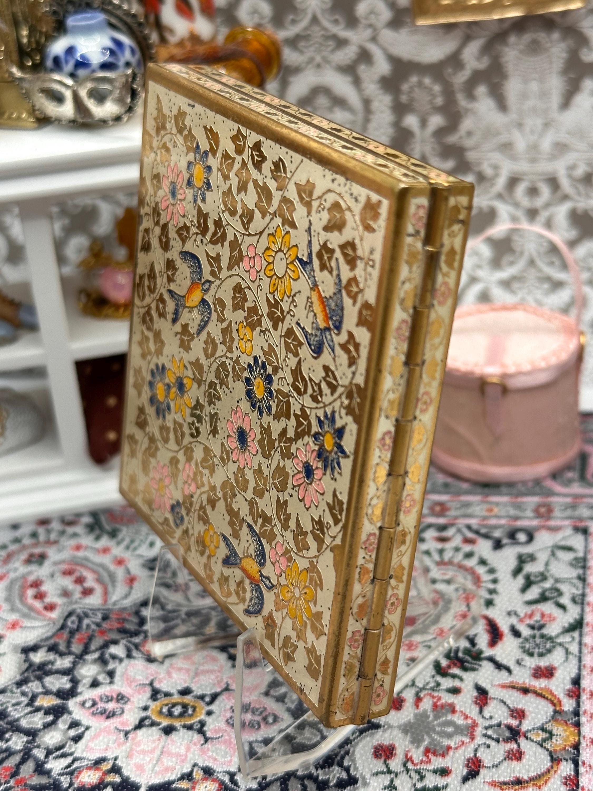 Vintage Volupte Enamel Powder Compact, Signed “Gaige”, All-Over Hand-Painted Swallow & Floral Design, 7.5cm
