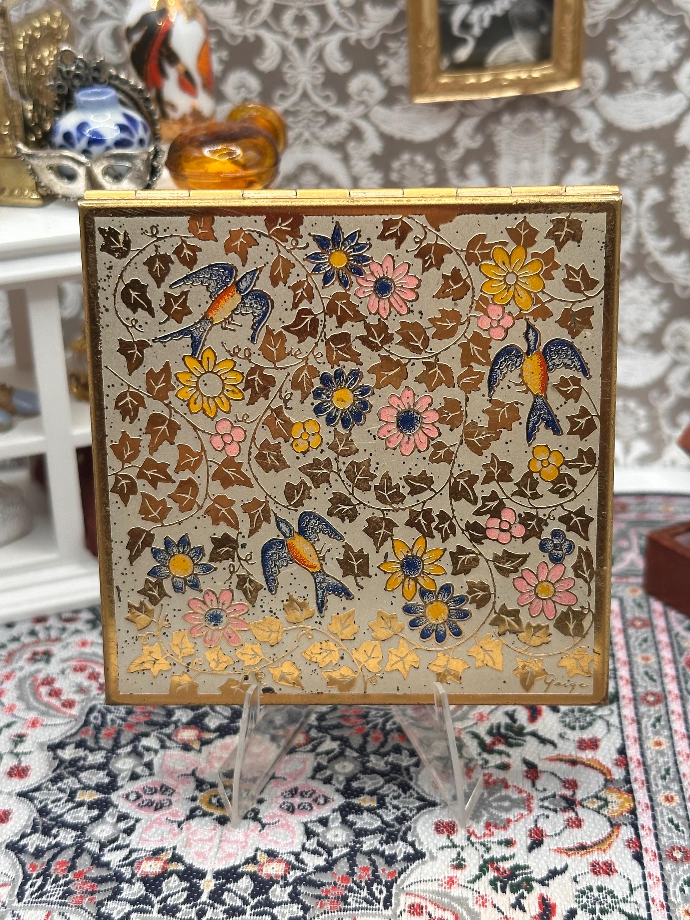 Vintage Volupte Enamel Powder Compact, Signed “Gaige”, All-Over Hand-Painted Swallow & Floral Design, 7.5cm
