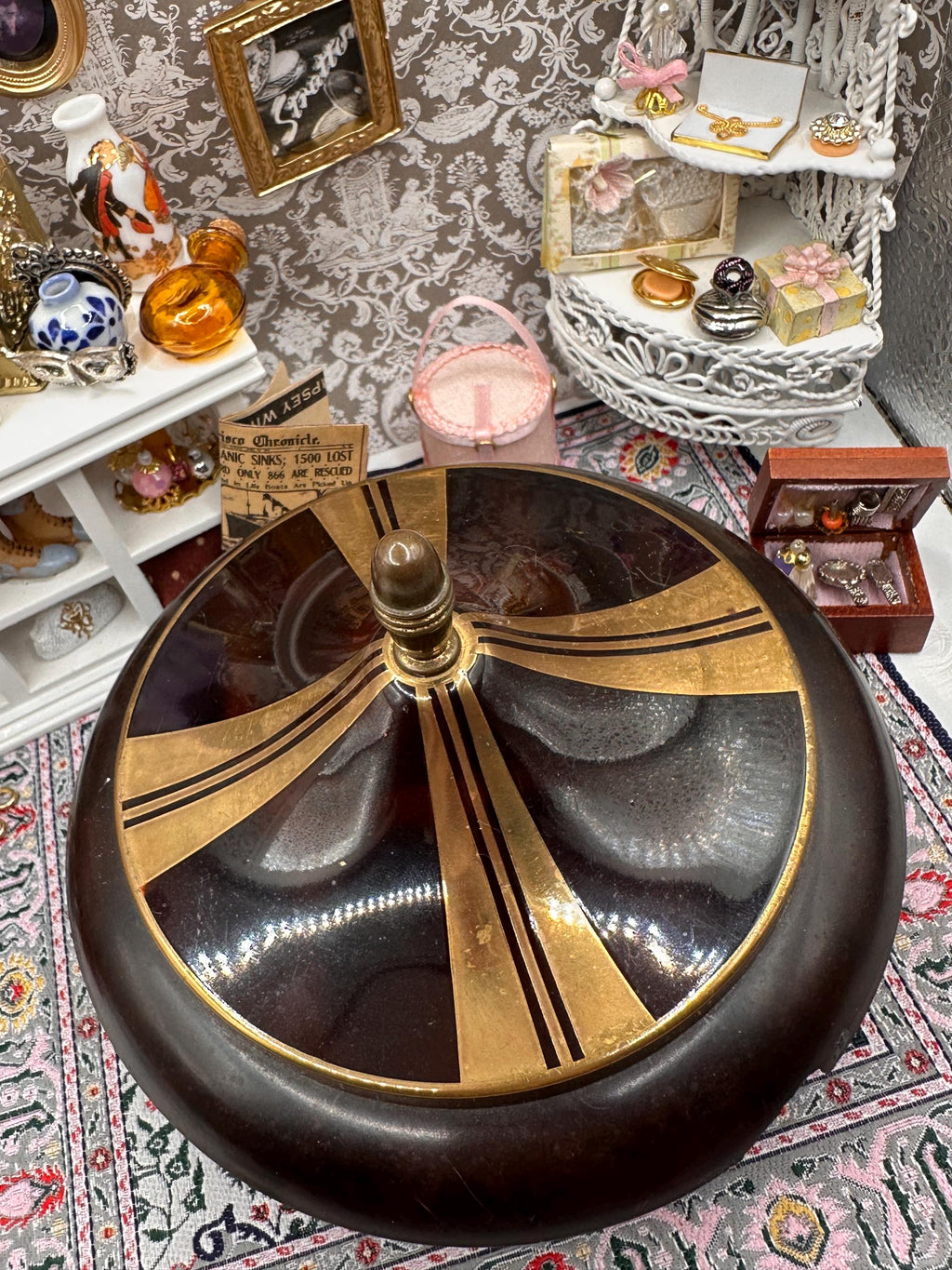 Art Deco Musical Powder Bowl – 1930s Brass Vanity Decor