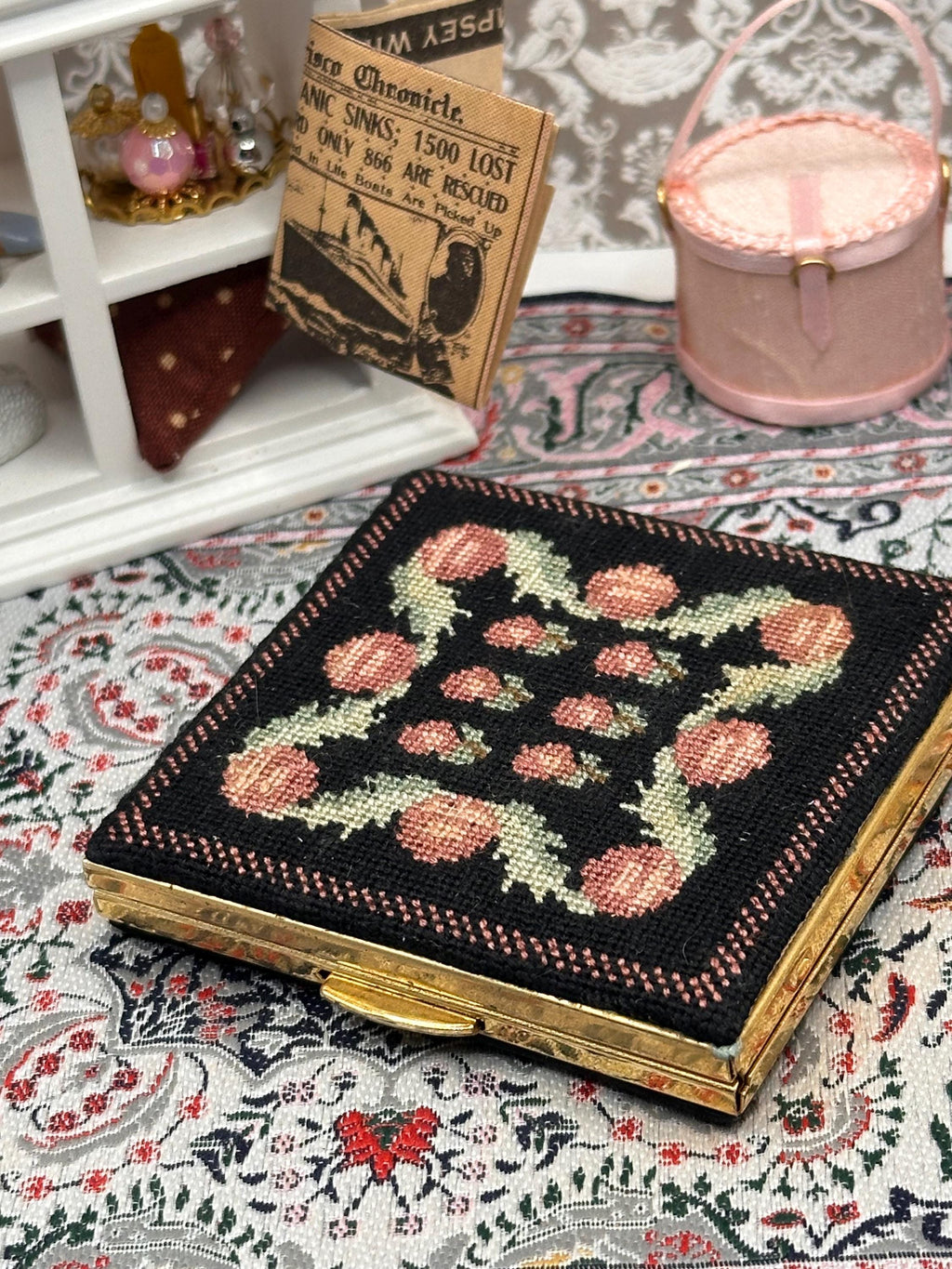 Vintage Petit Point Powder Compact – Floral Embroidery, Gold Tone Mirror – 1950s Evening Bag Size