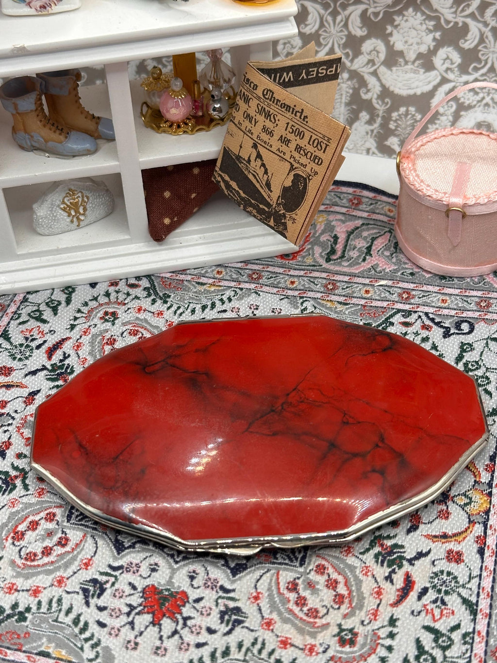 Vintage Red Enamel Petit Point Powder Compact – Floral Needlework Vanity, Original Puff