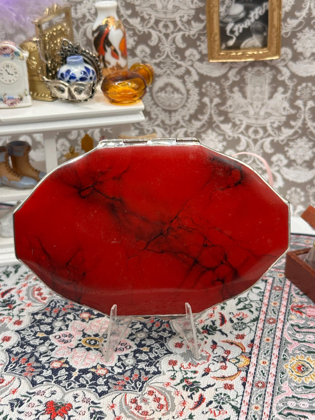 Vintage Red Enamel Petit Point Powder Compact – Floral Needlework Vanity, Original Puff
