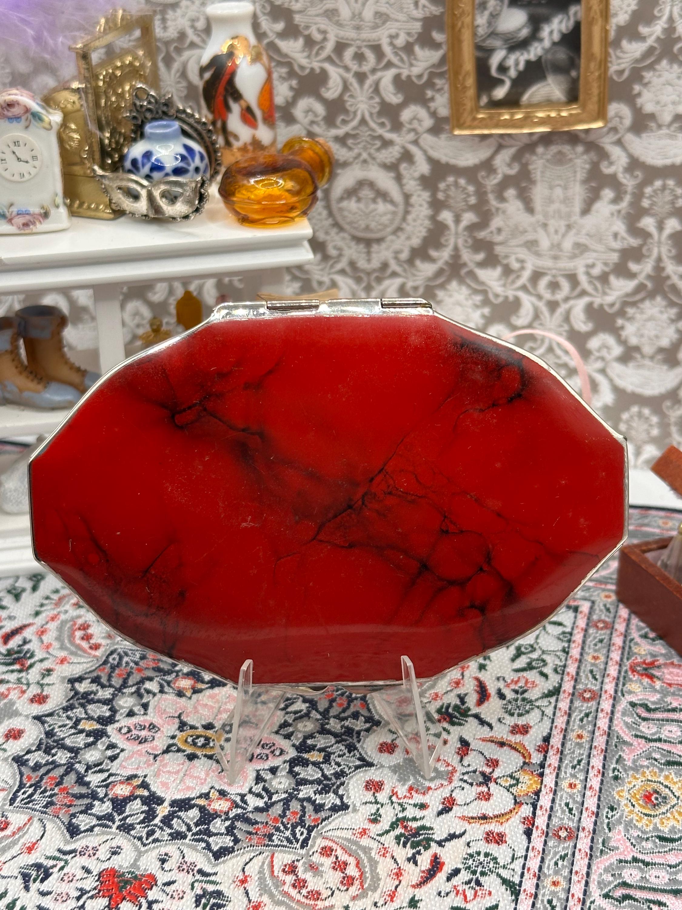 Vintage Red Enamel Petit Point Powder Compact – Floral Needlework Vanity, Original Puff