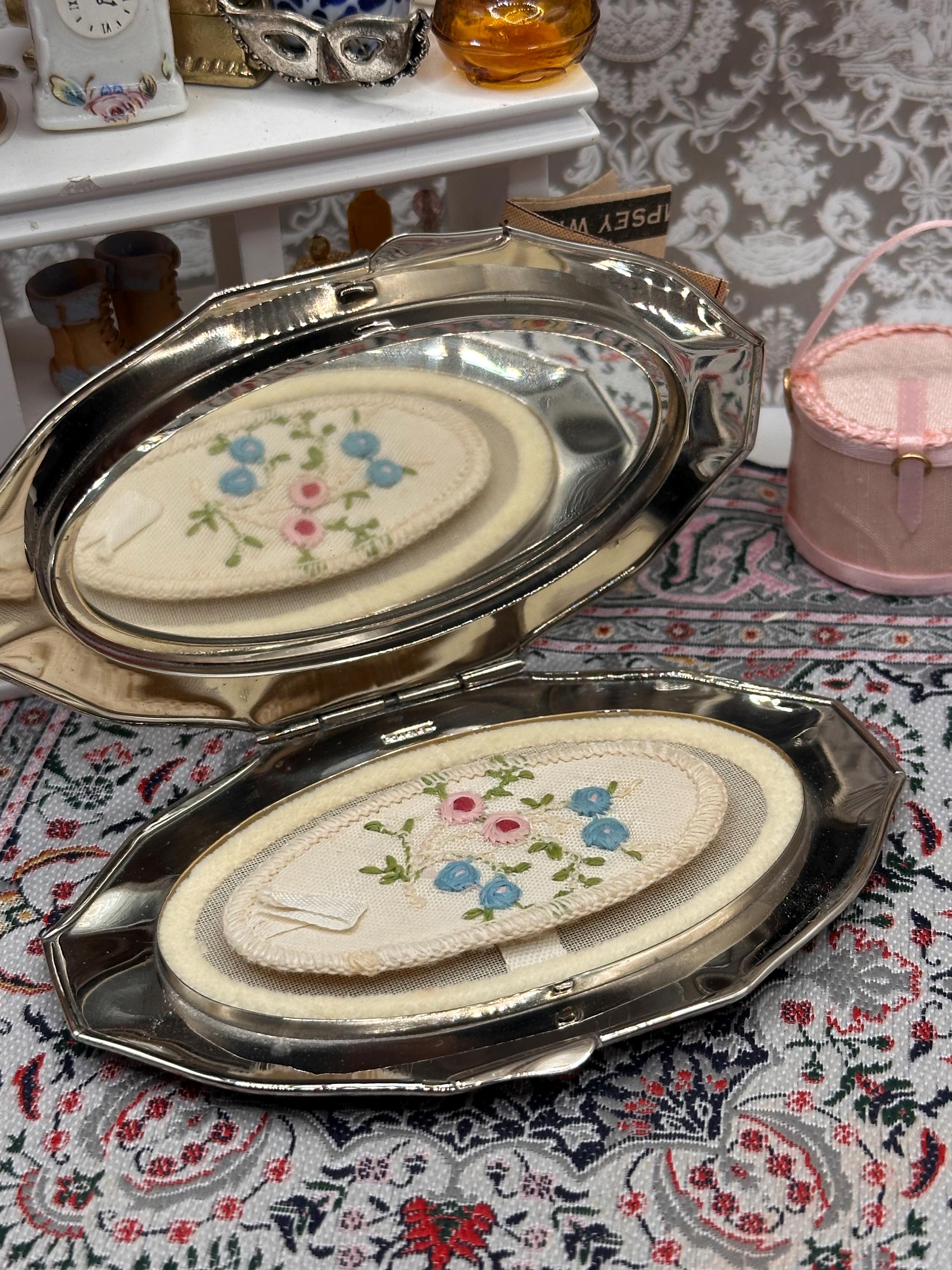 Vintage Red Enamel Petit Point Powder Compact – Floral Needlework Vanity, Original Puff