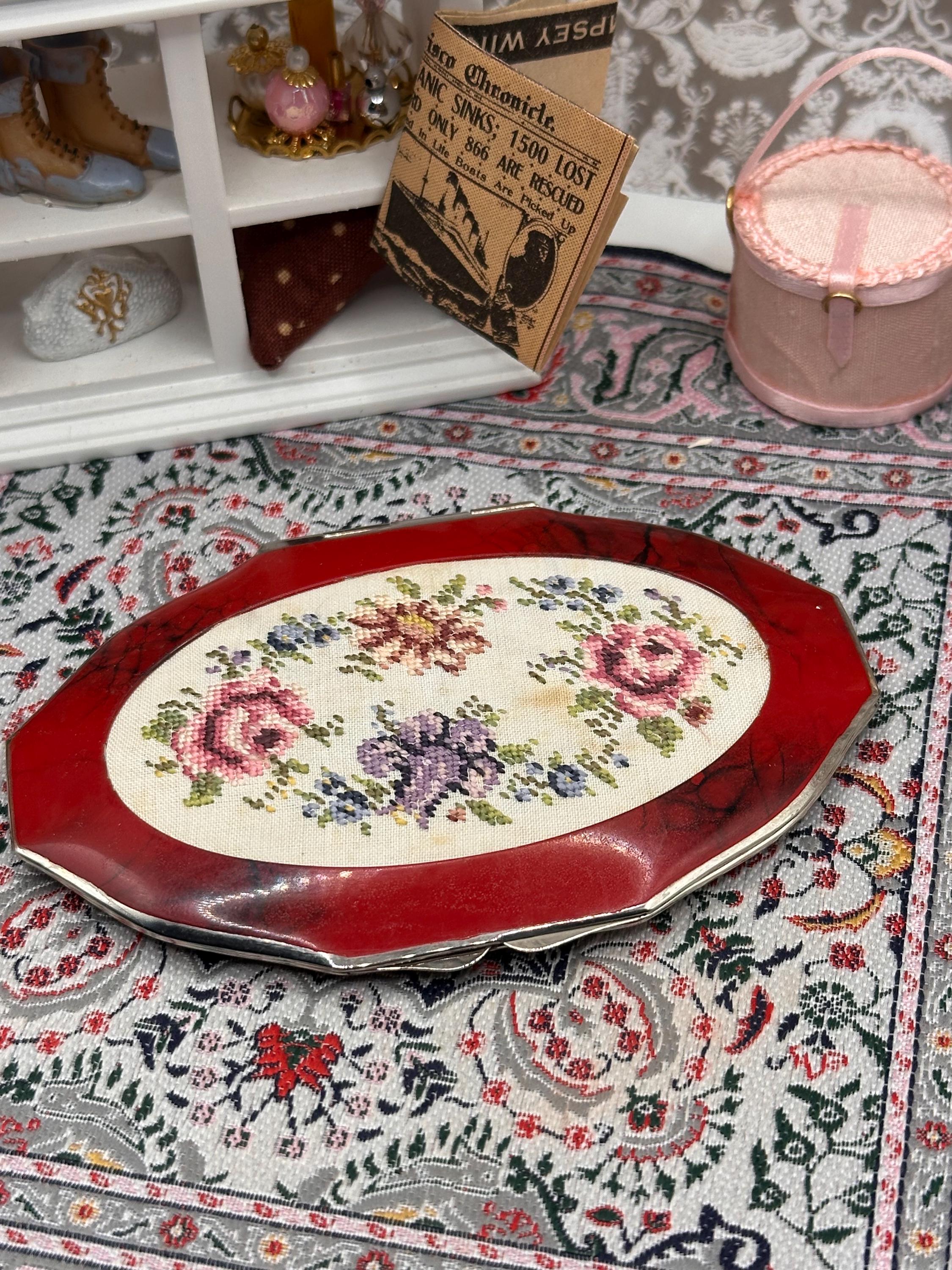 Vintage Red Enamel Petit Point Powder Compact – Floral Needlework Vanity, Original Puff