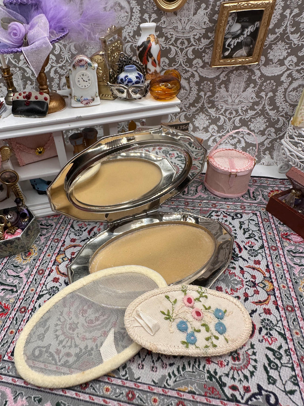 Vintage Red Enamel Petit Point Powder Compact – Floral Needlework Vanity, Original Puff