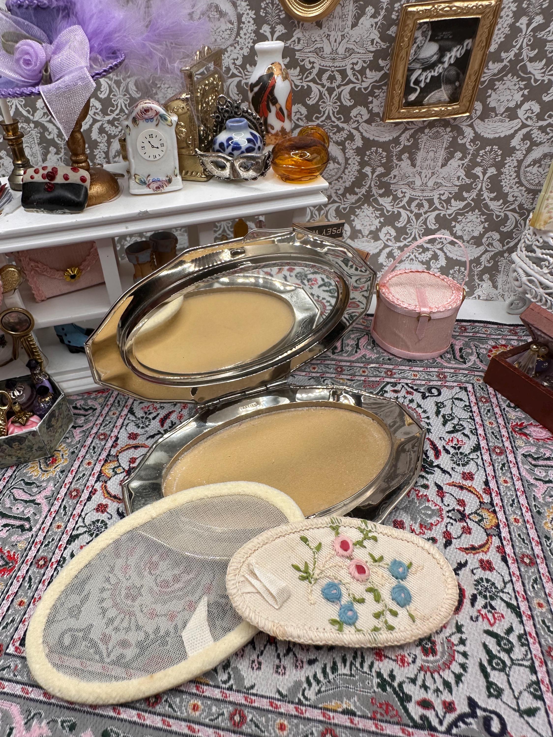 Vintage Red Enamel Petit Point Powder Compact – Floral Needlework Vanity, Original Puff