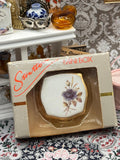 Vintage Stratton Mini Pill Box – Floral Ceramic Lid – Gold Tone – With Original Box
