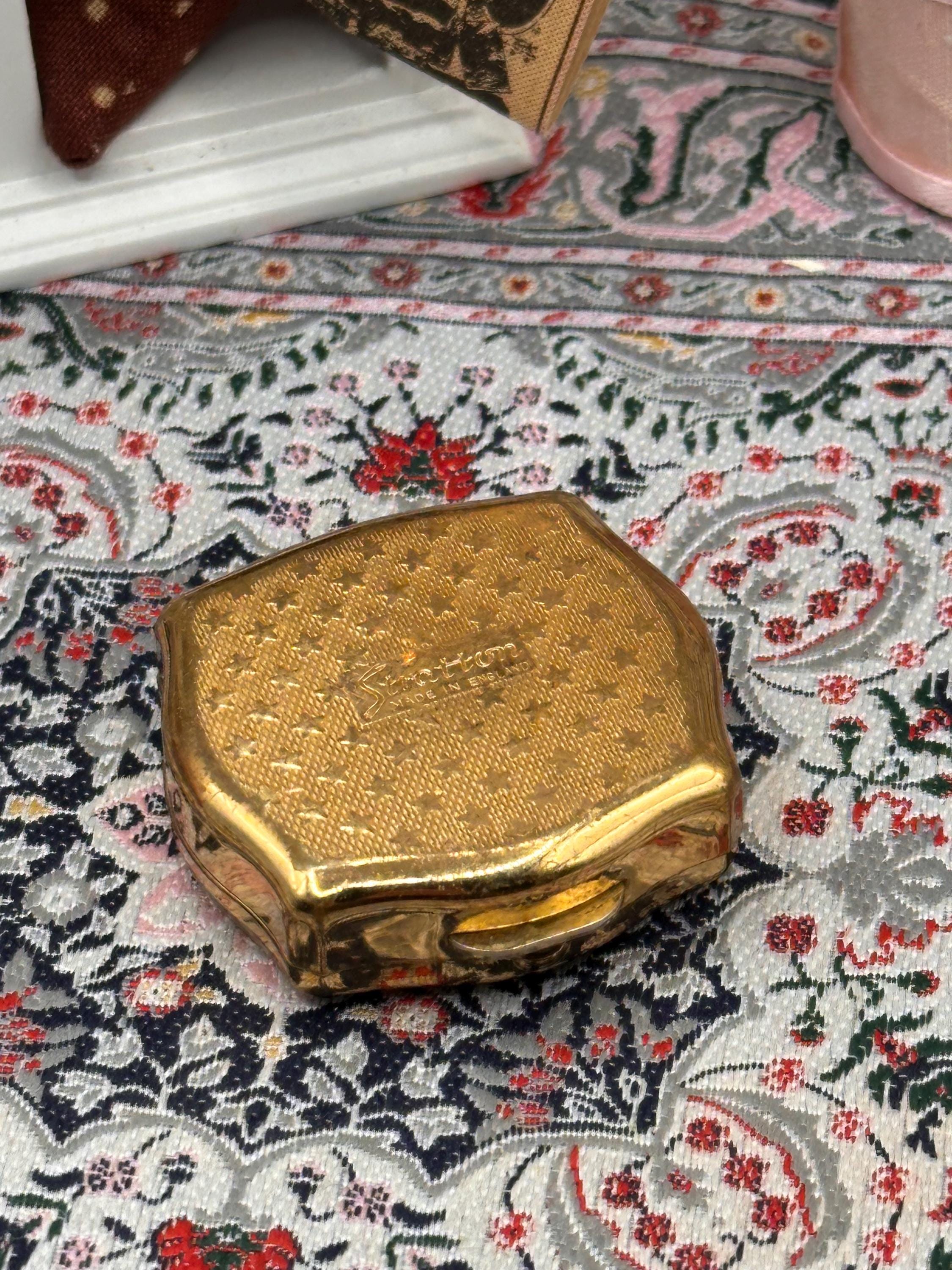 Vintage Stratton Mini Pill Box – Floral Ceramic Lid – Gold Tone – With Original Box