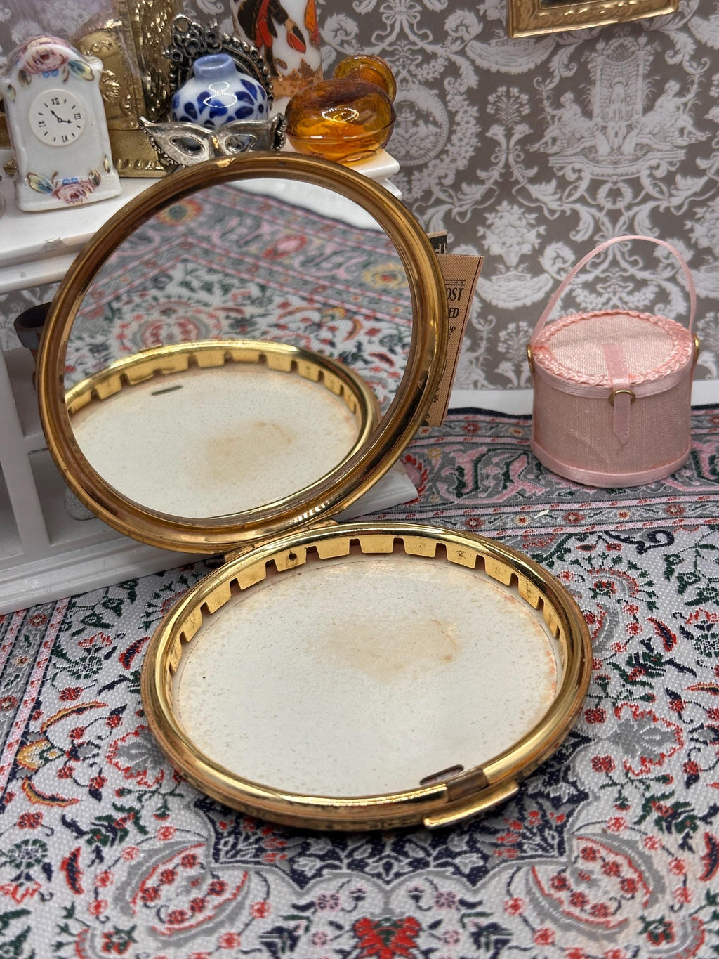 Stratton Convertible Powder Compact Blue Enamel White Rose Floral Mid-Century Made in England