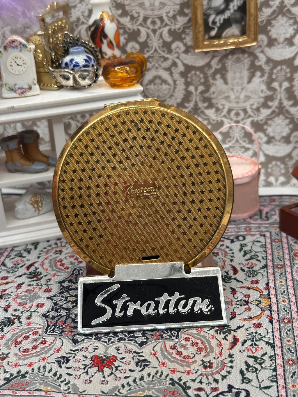 Stratton Convertible Powder Compact Blue Enamel White Rose Floral Mid-Century Made in England
