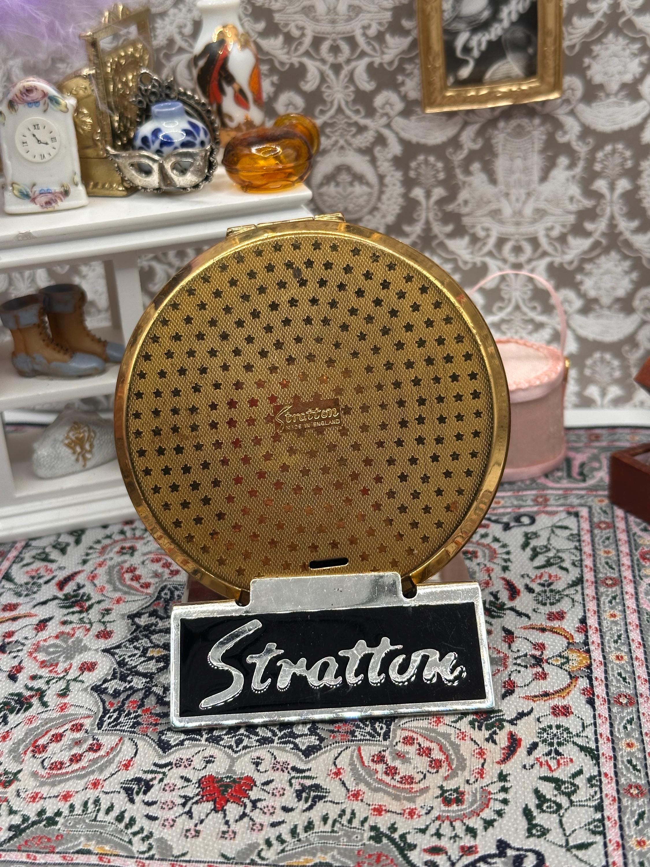 Stratton Convertible Powder Compact Blue Enamel White Rose Floral Mid-Century Made in England