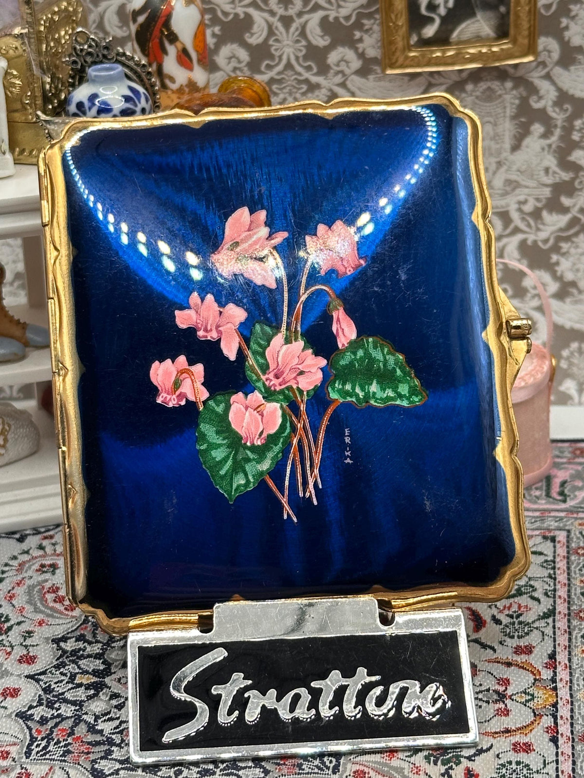 Vintage Stratton Erika Signed Enamel Cigarette Case, Cobalt Guilloché Cyclamen, 1950s–60s English Vanity