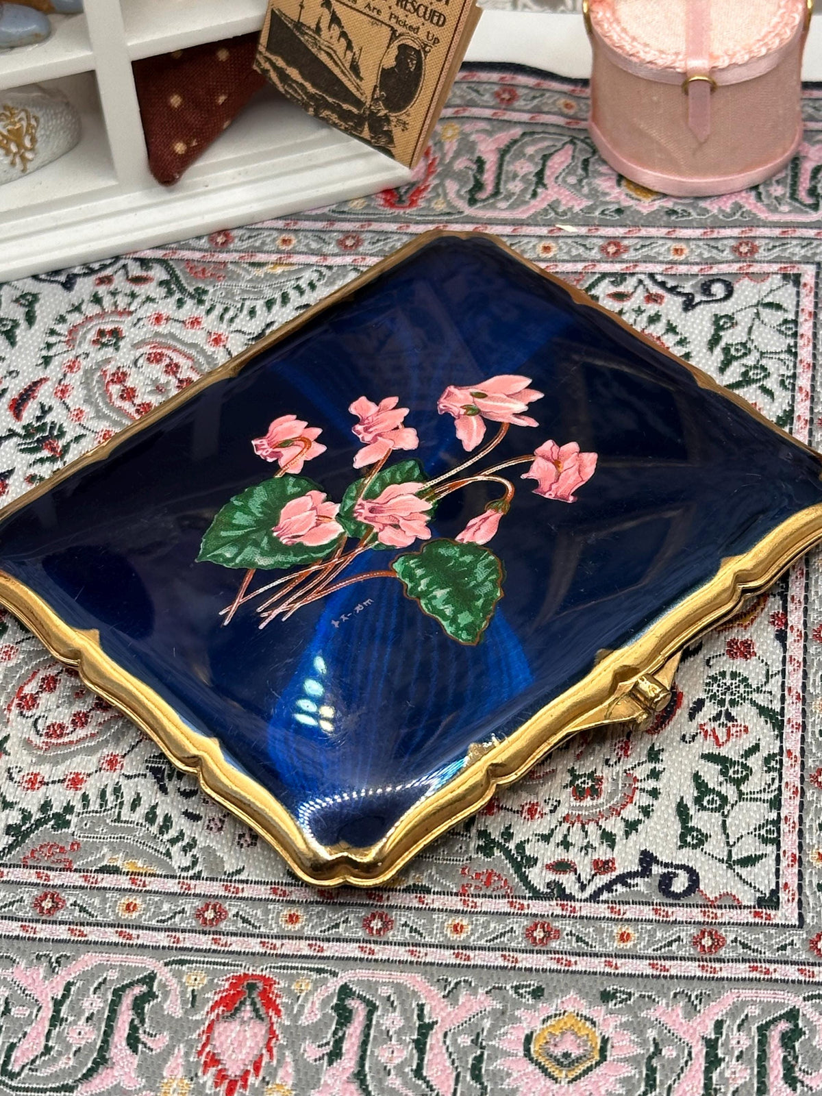 Vintage Stratton Erika Signed Enamel Cigarette Case, Cobalt Guilloché Cyclamen, 1950s–60s English Vanity