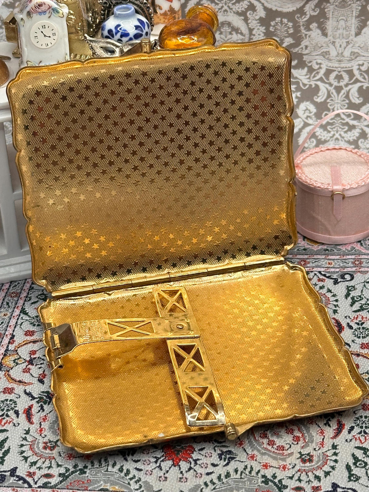 Vintage Stratton Erika Signed Enamel Cigarette Case, Cobalt Guilloché Cyclamen, 1950s–60s English Vanity
