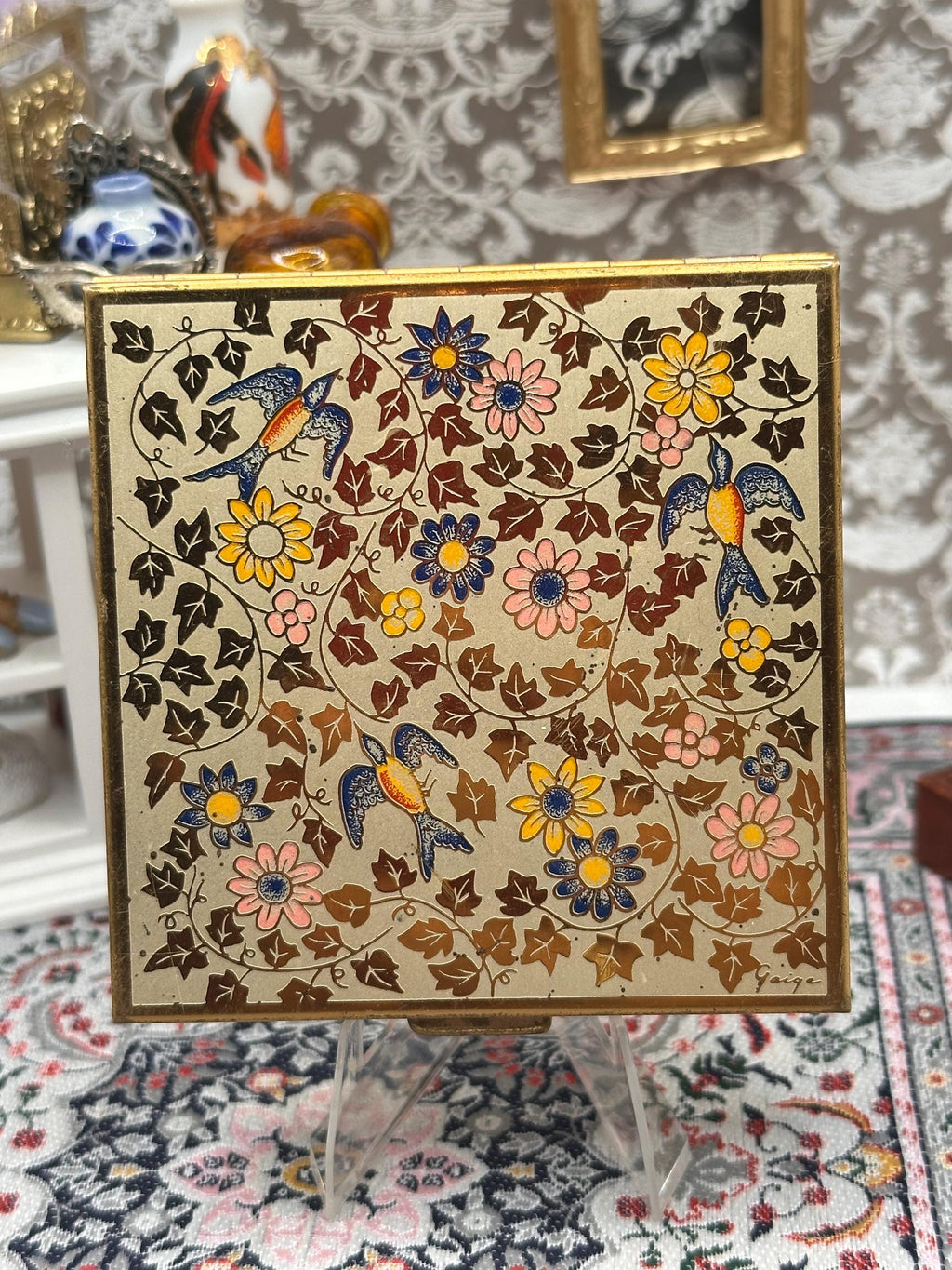 Vintage Volupte Enamel Powder Compact, Signed “Gaige”, All-Over Hand-Painted Swallow & Floral Design, 7.5cm
