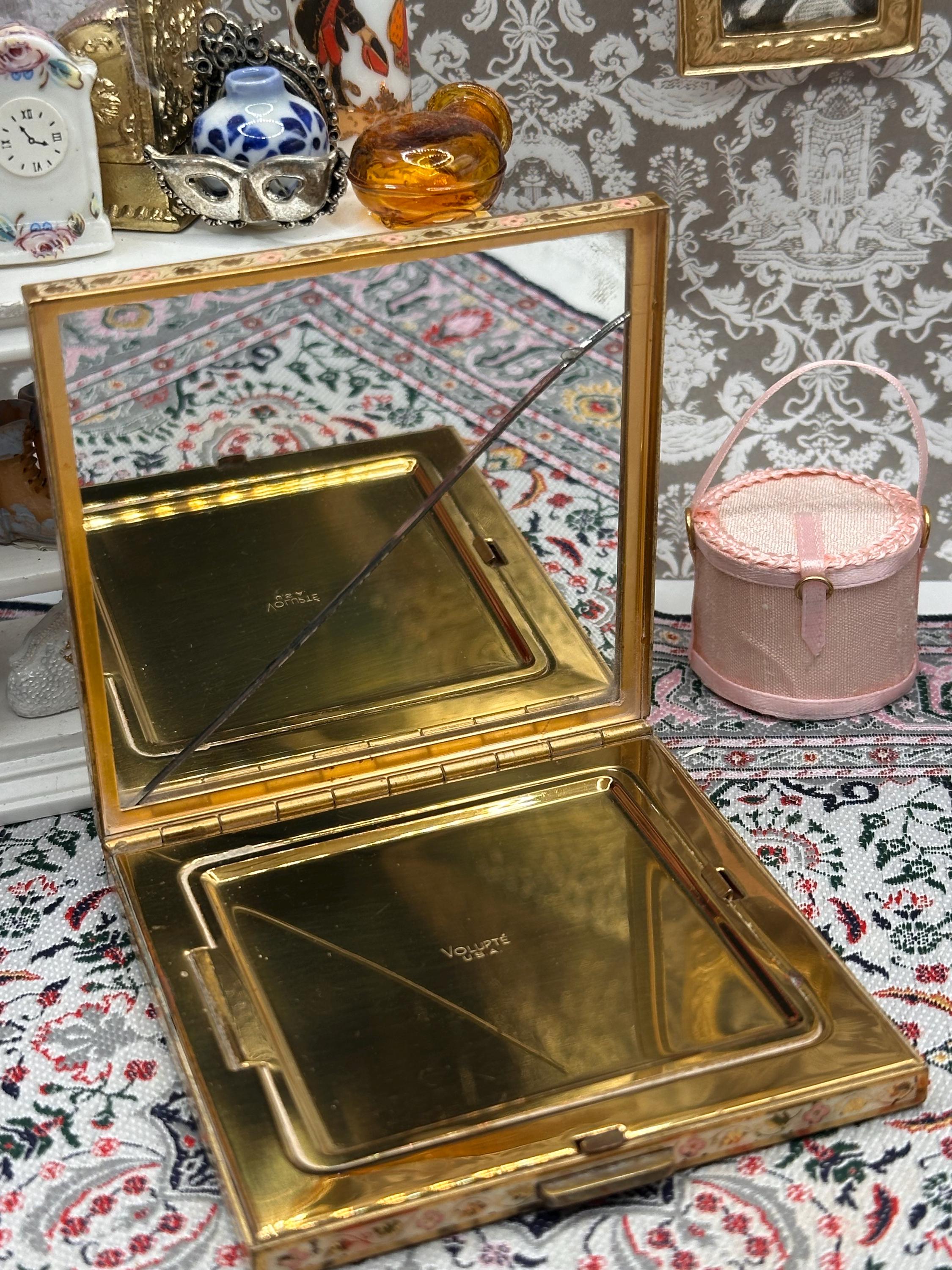 Vintage Volupte Enamel Powder Compact, Signed “Gaige”, All-Over Hand-Painted Swallow & Floral Design, 7.5cm