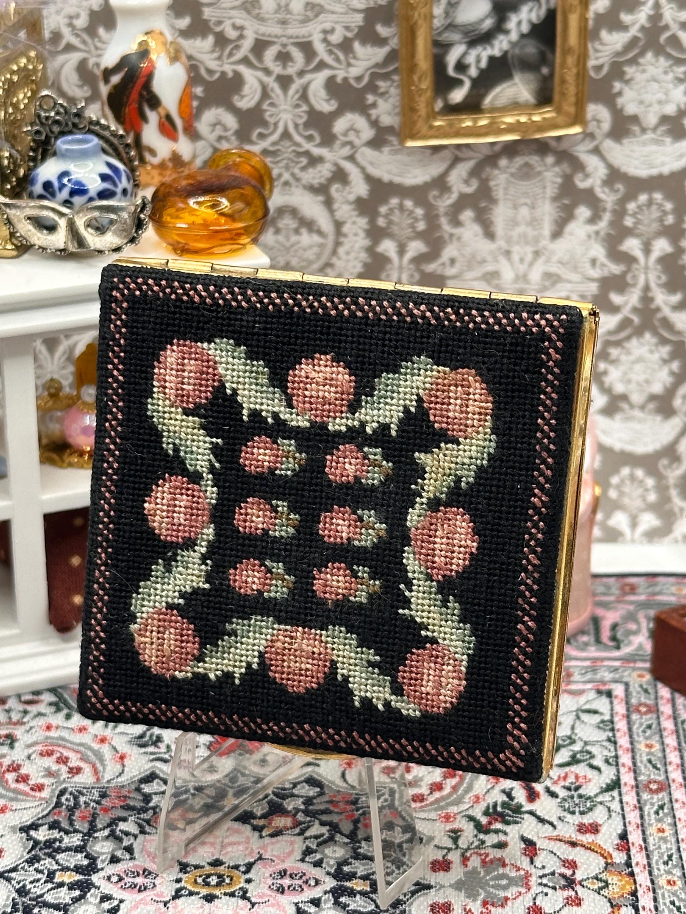 Vintage Petit Point Powder Compact – Floral Embroidery, Gold Tone Mirror – 1950s Evening Bag Size