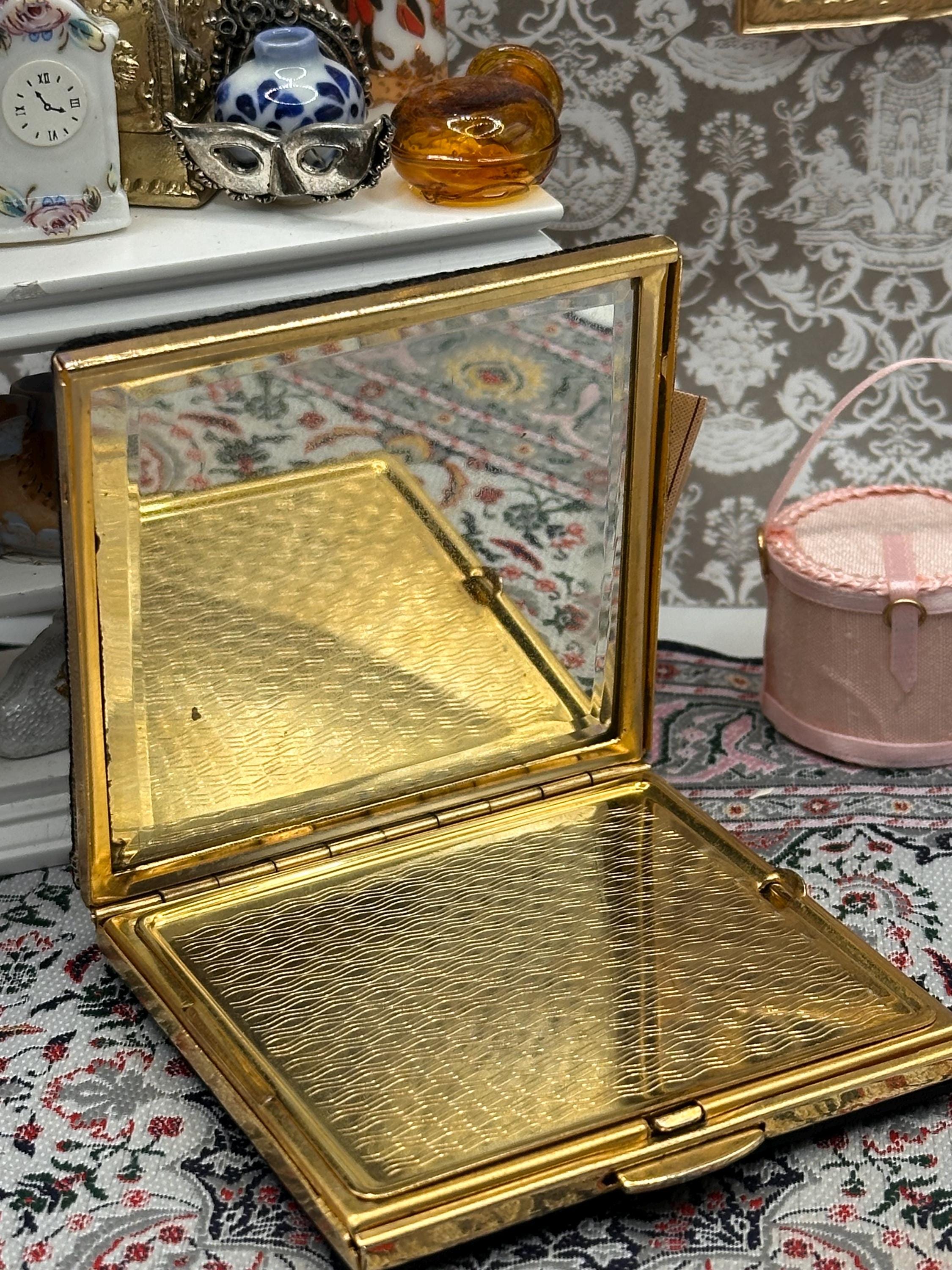 Vintage Petit Point Powder Compact – Floral Embroidery, Gold Tone Mirror – 1950s Evening Bag Size
