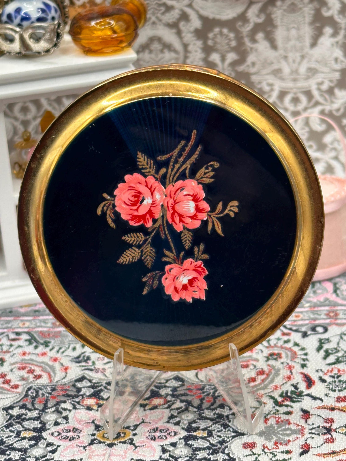 Vintage Mascot Navy Floral Enamel Powder Compact, Mid-Century Vanity Item