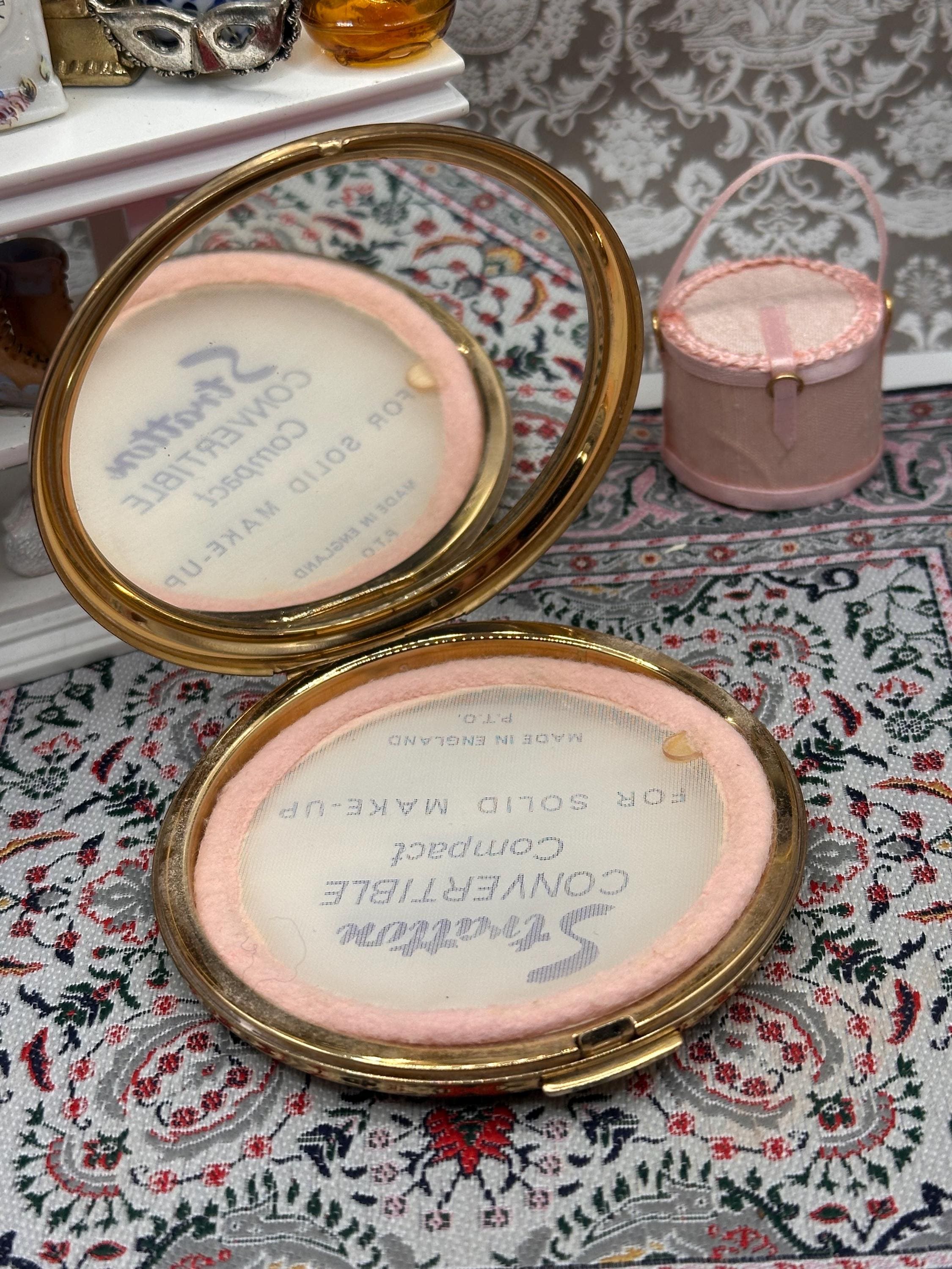 Vintage Stratton Pink Convertible Powder Compact, Original Pouch, Unused, Mid Century England