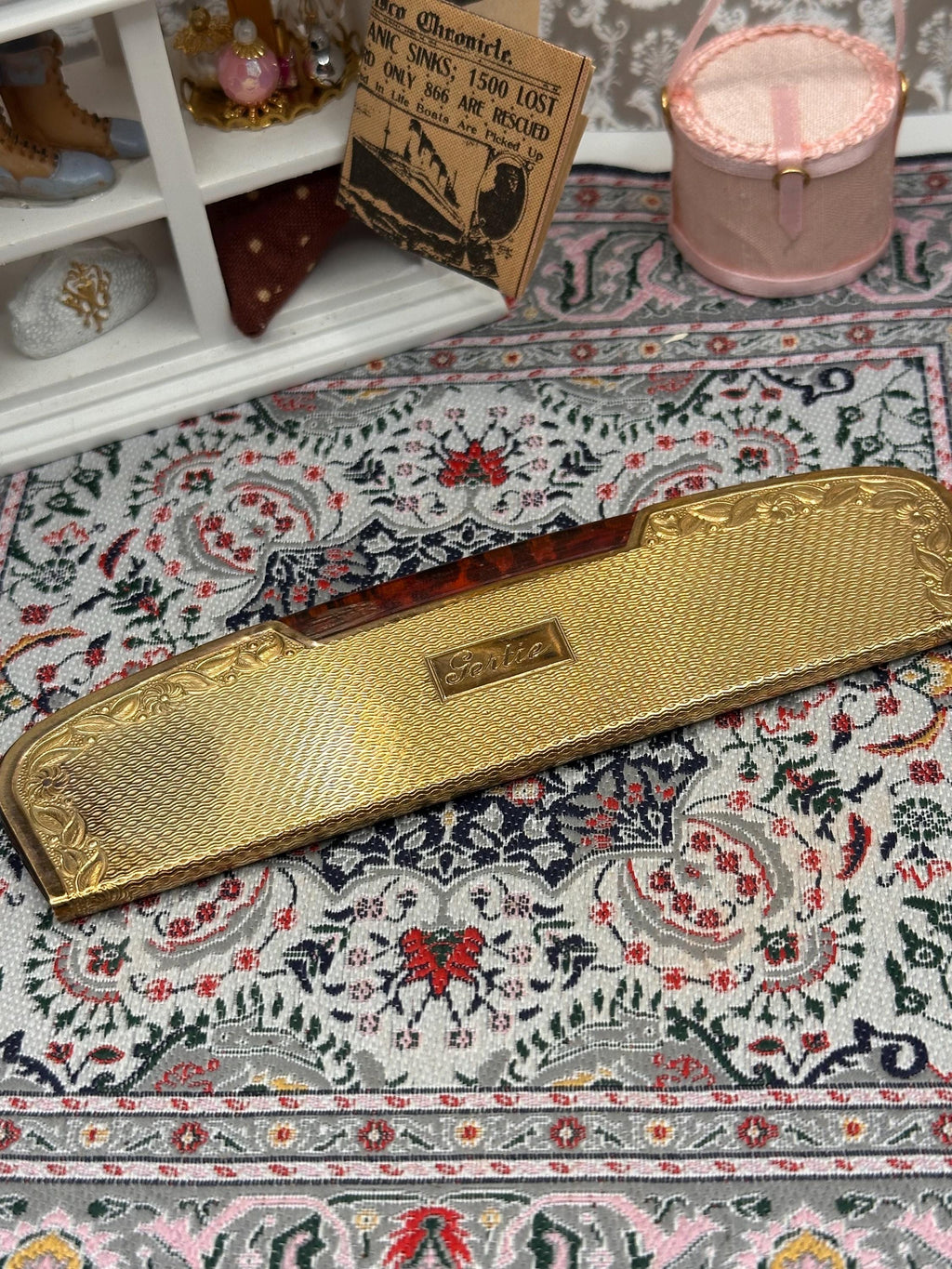 Vintage Kigu Folding Comb Set, Engraved Gertie, Gold Tone Faux Tortoiseshell