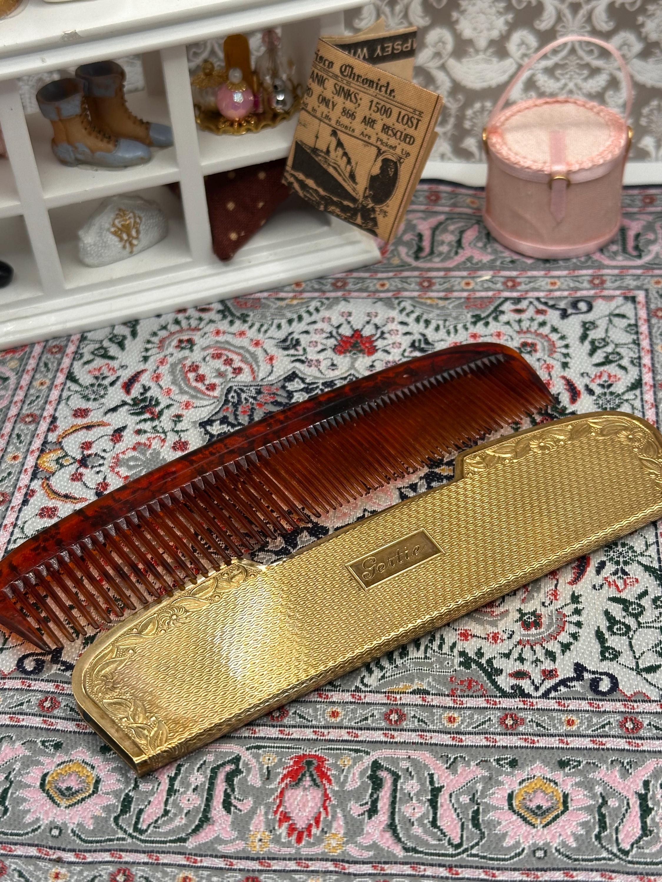 Vintage Kigu Folding Comb Set, Engraved Gertie, Gold Tone Faux Tortoiseshell