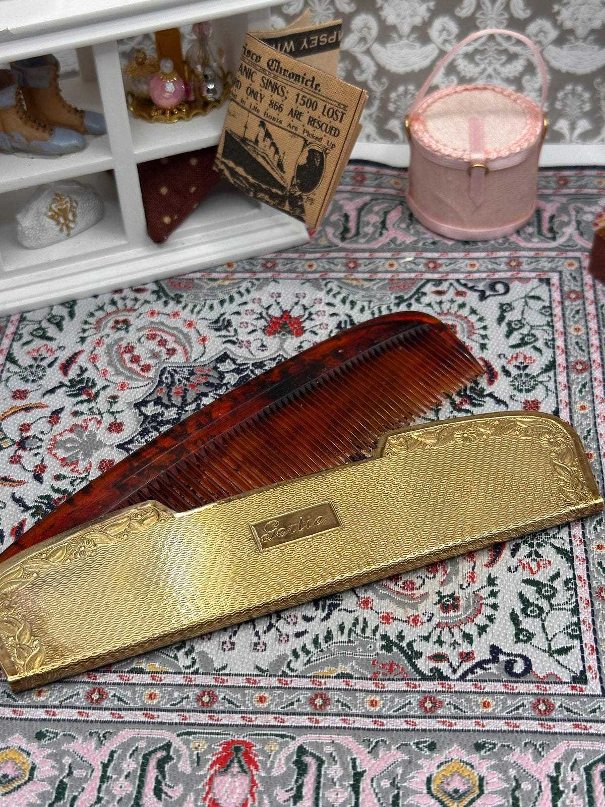 Vintage Kigu Folding Comb Set, Engraved Gertie, Gold Tone Faux Tortoiseshell