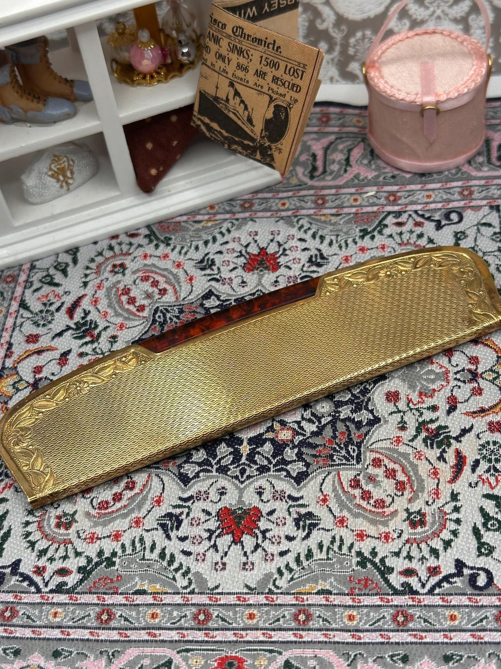 Vintage Kigu Folding Comb Set, Engraved Gertie, Gold Tone Faux Tortoiseshell