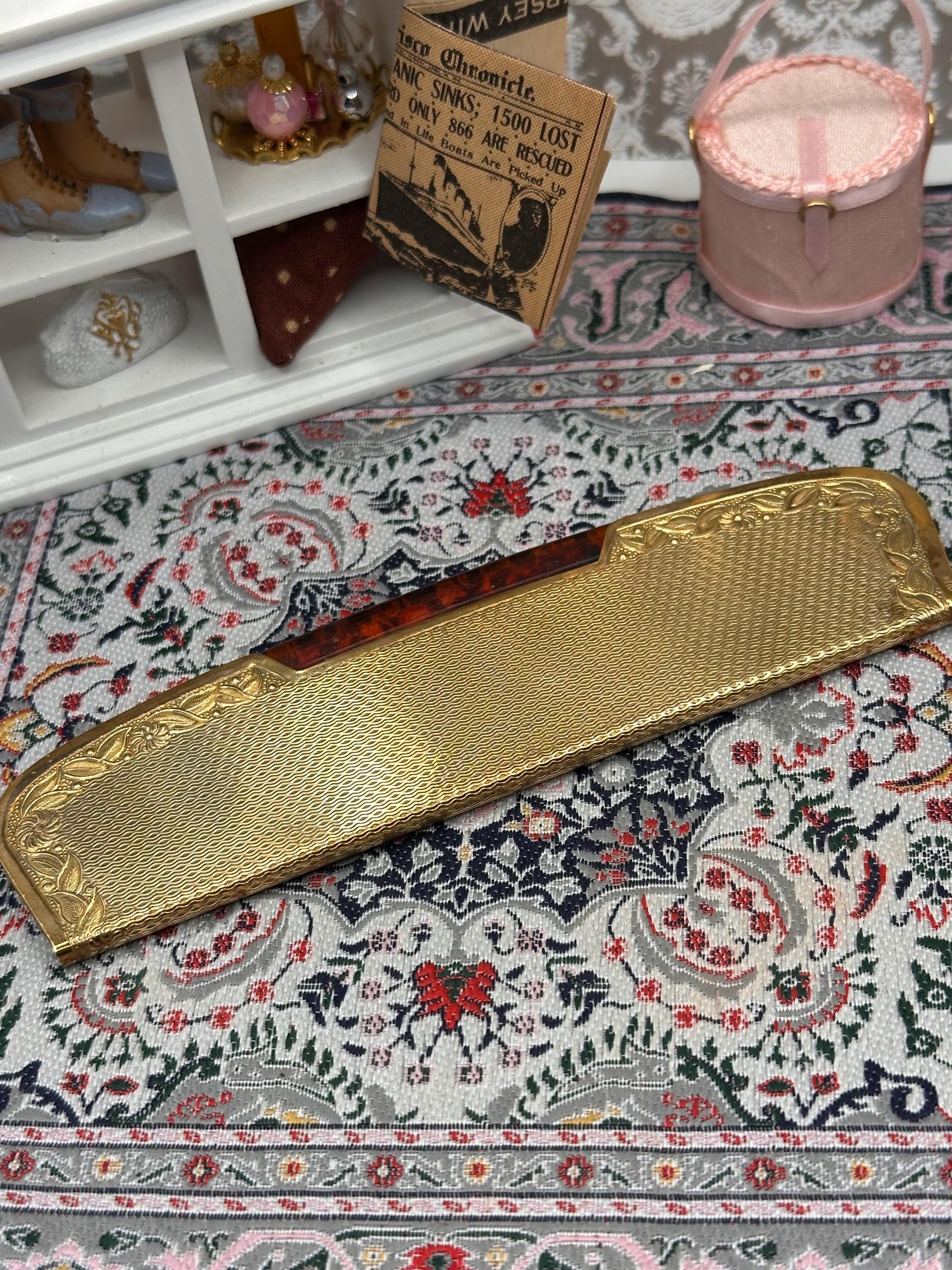 Vintage Kigu Folding Comb Set, Engraved Gertie, Gold Tone Faux Tortoiseshell