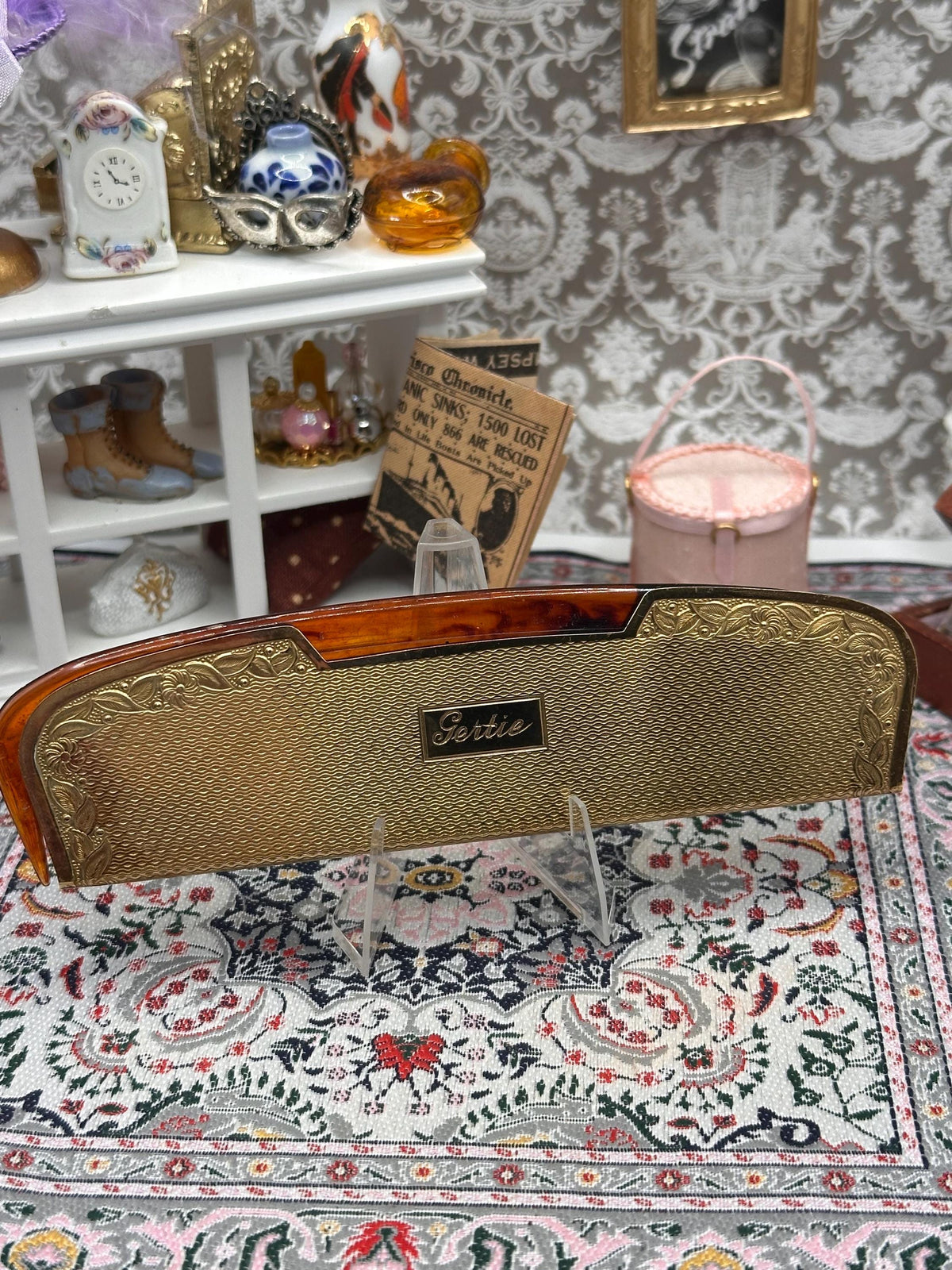 Vintage Kigu Folding Comb Set, Engraved Gertie, Gold Tone Faux Tortoiseshell