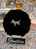 Vintage Stratton Black Enamel Terrier Powder Compact – Diamanté Dog Motif – Heavy Gilt Interior