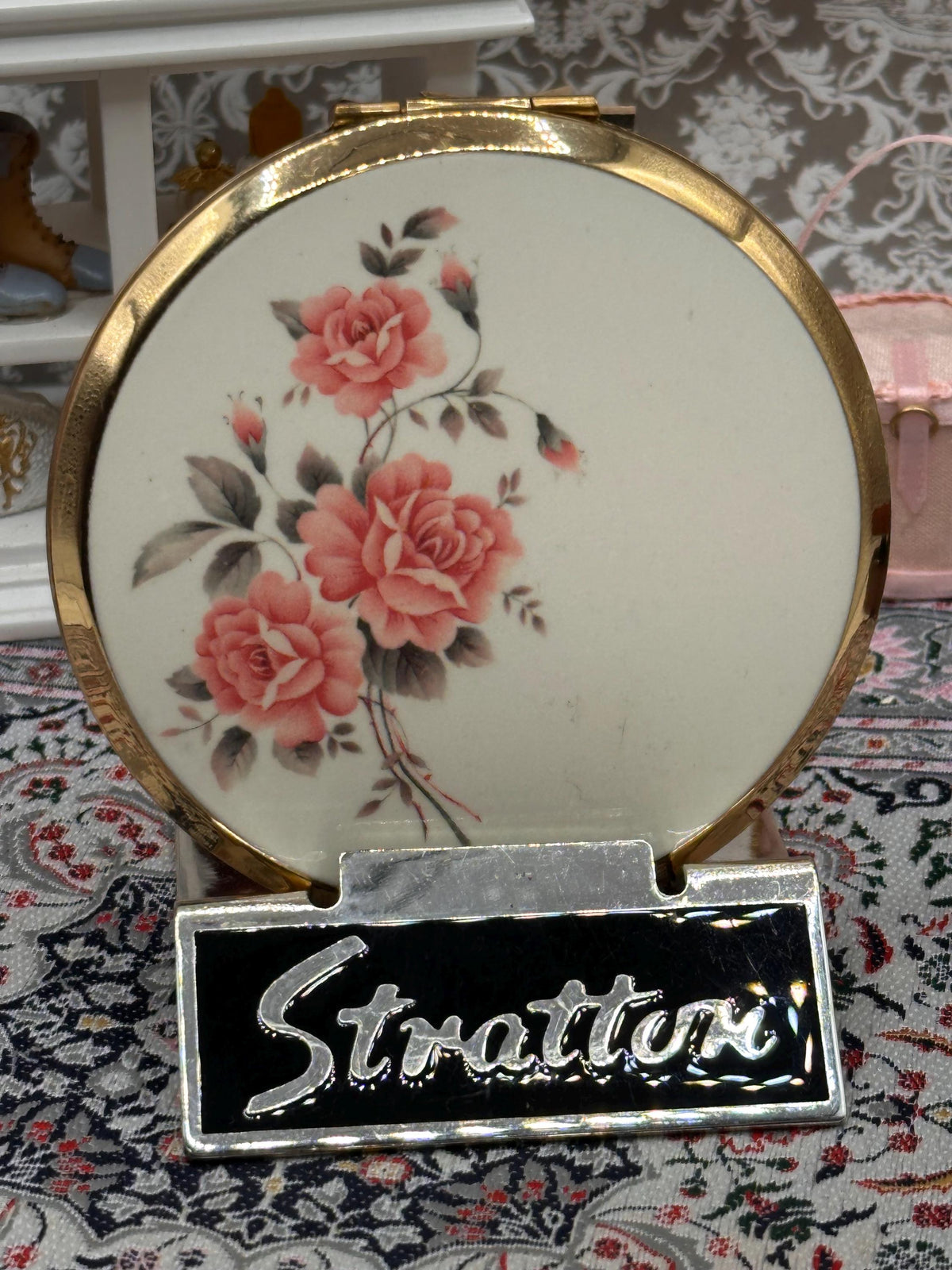 Vintage Stratton Powder Compact, Pink Rose Floral Design, Gold Tone, Mirror & Puff, 7.5cm