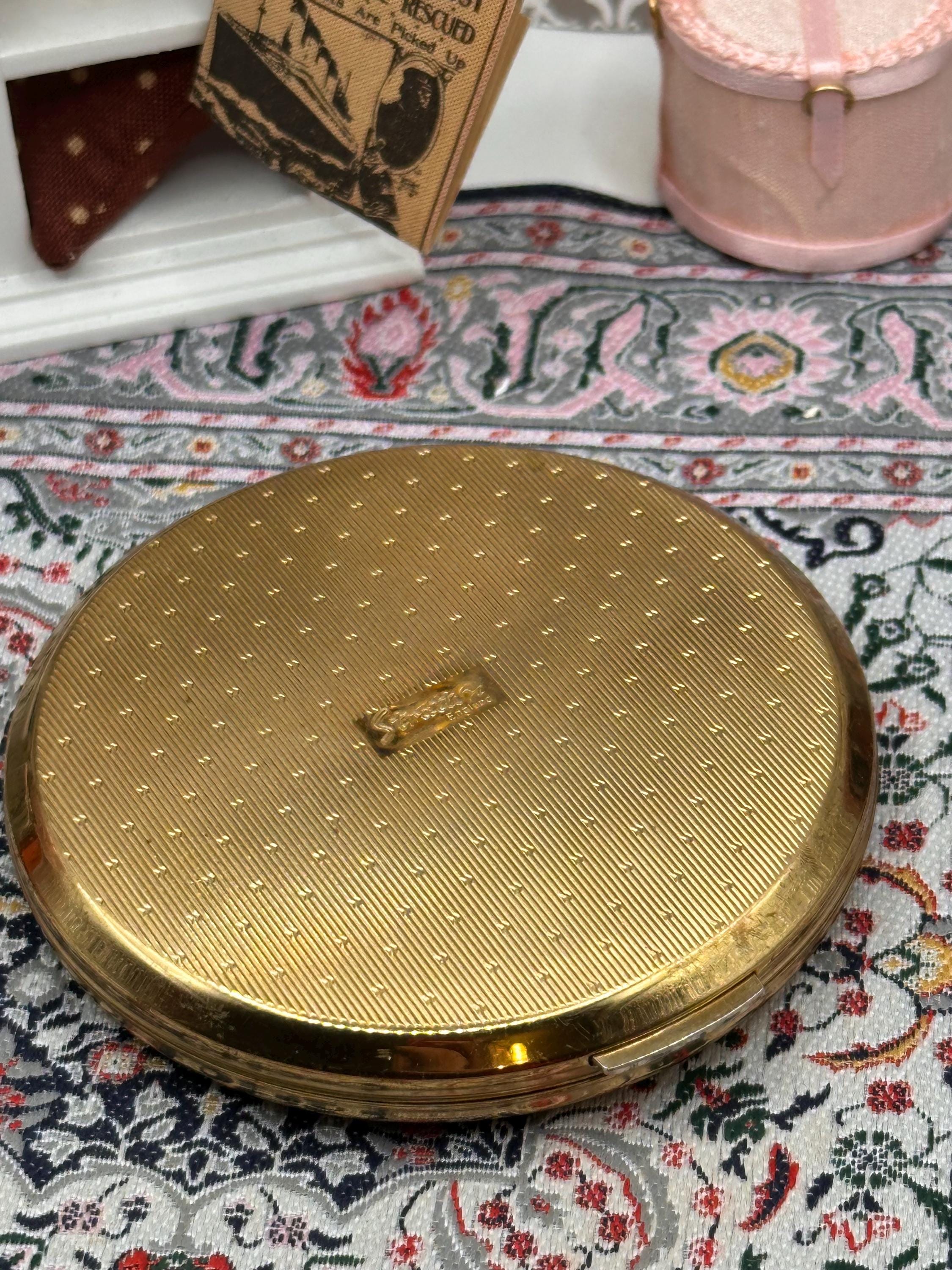 Vintage Stratton Powder Compact, Pink Rose Floral Design, Gold Tone, Mirror & Puff, 7.5cm