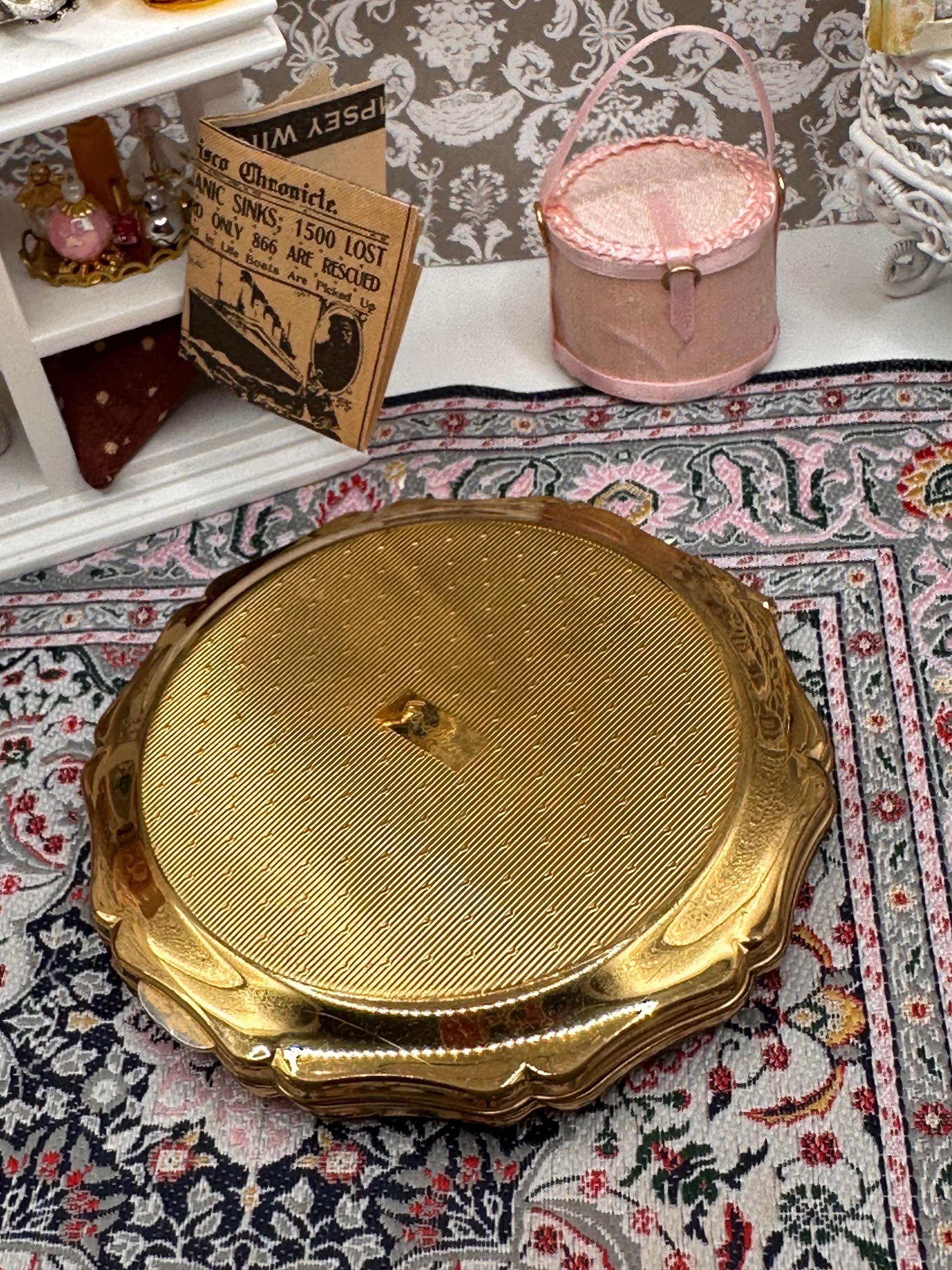 Vintage Stratton Bird & Floral Powder Compact, Black Enamel, Scalloped Edge, Mirror, 8.5cm