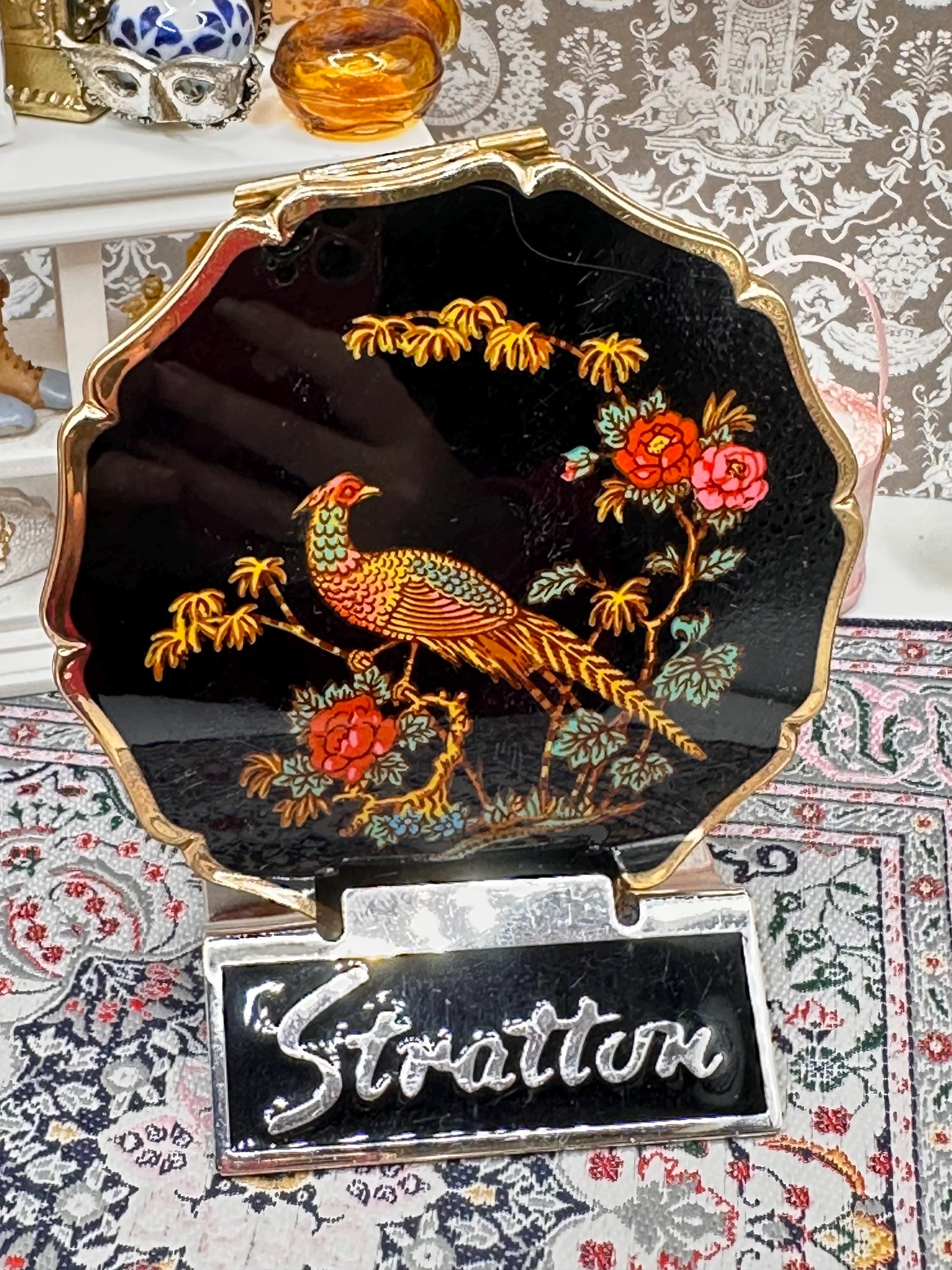 Vintage Stratton Bird & Floral Powder Compact, Black Enamel, Scalloped Edge, Mirror, 8.5cm